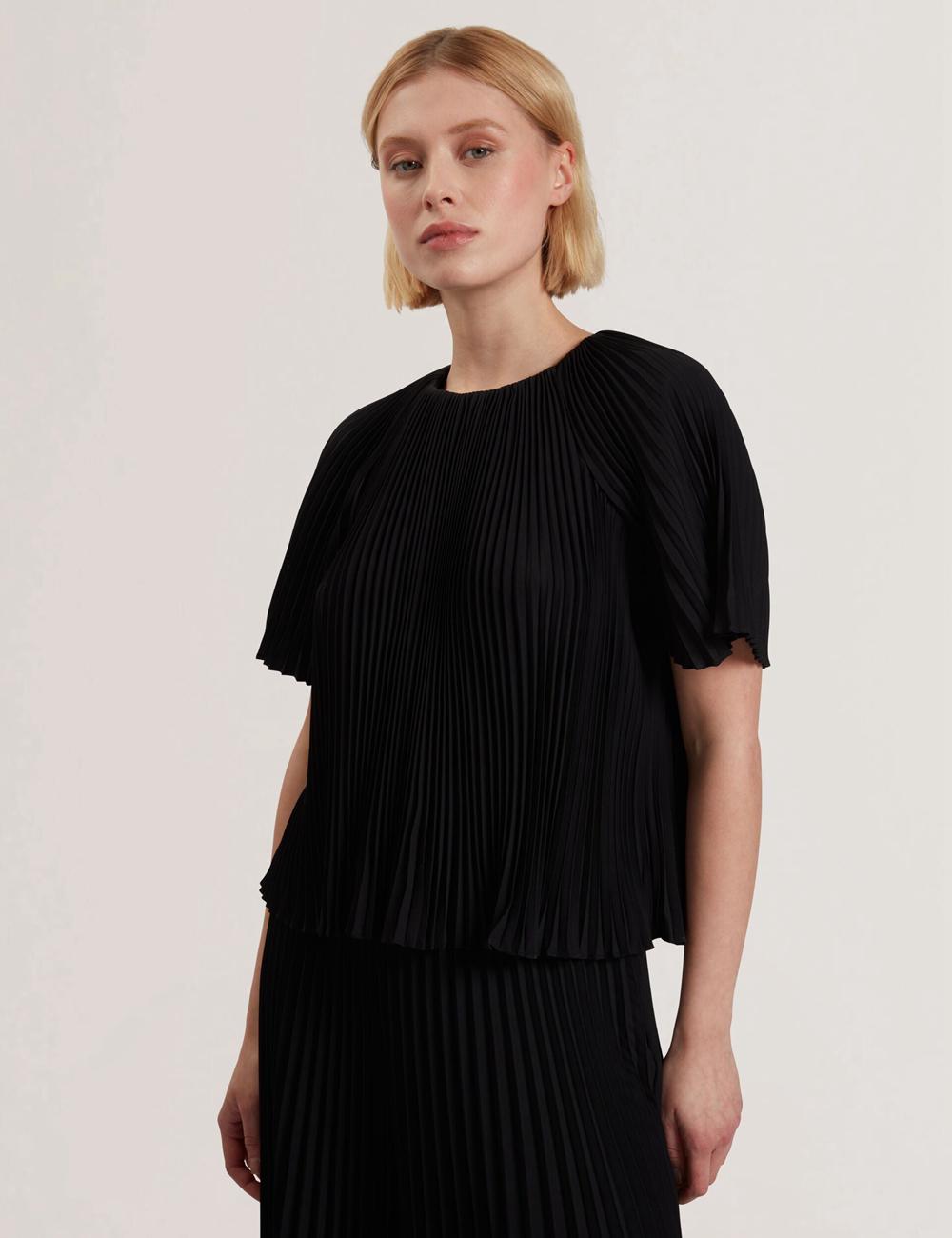 Ted Baker AGARA - Pleated Short Sleeve Woven Bluse Damen Schwarz | PLMUG-5097