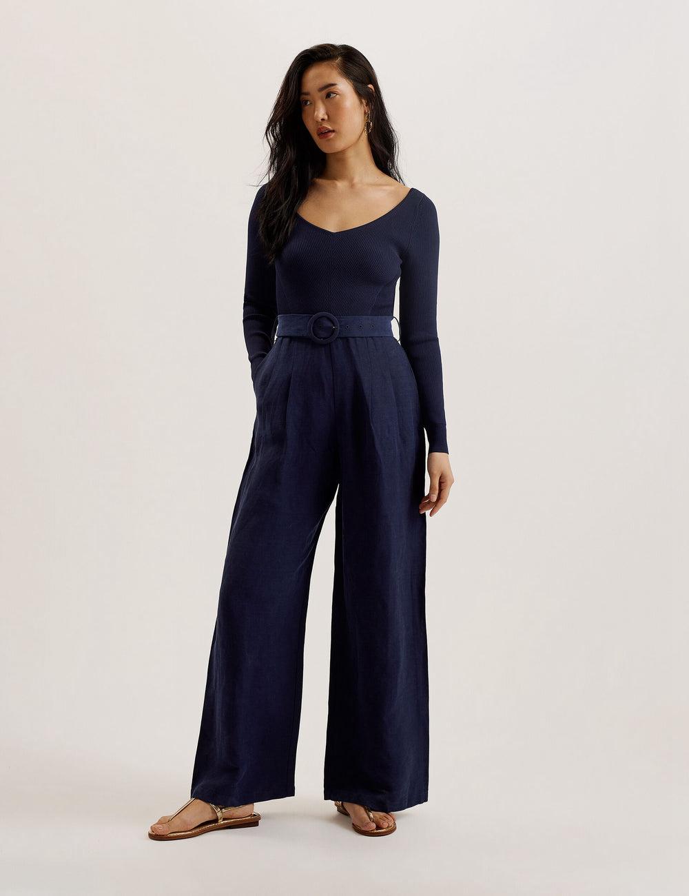Ted Baker AGATEA - Off Shoulder Belted Wide Leg Jumpsuit Damen Navy | WUSNZ-5972