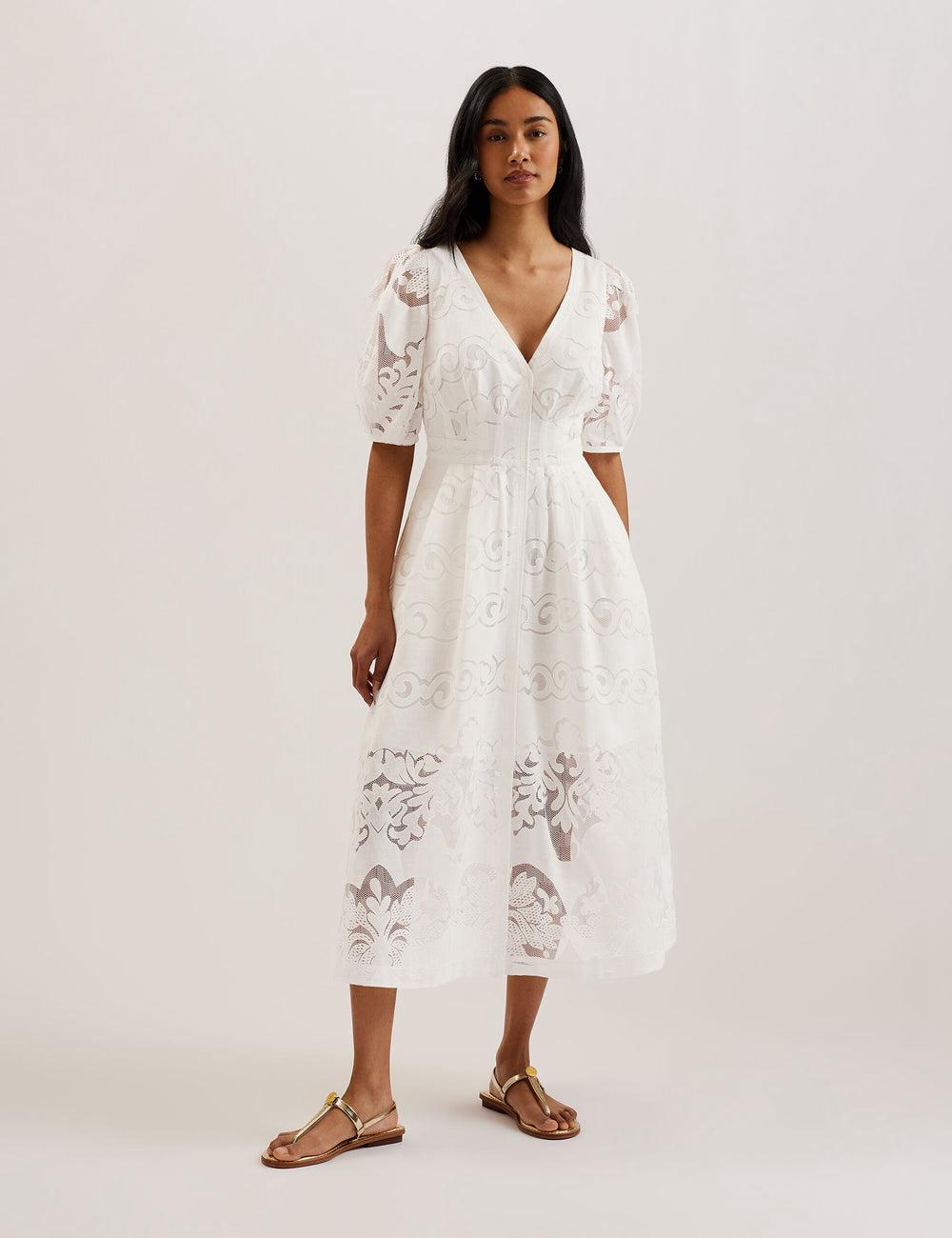 Ted Baker AGNEL - Lace Puff Sleeve Cotton Blend Midi-kleid Damen Weiß | WAIOQ-7235