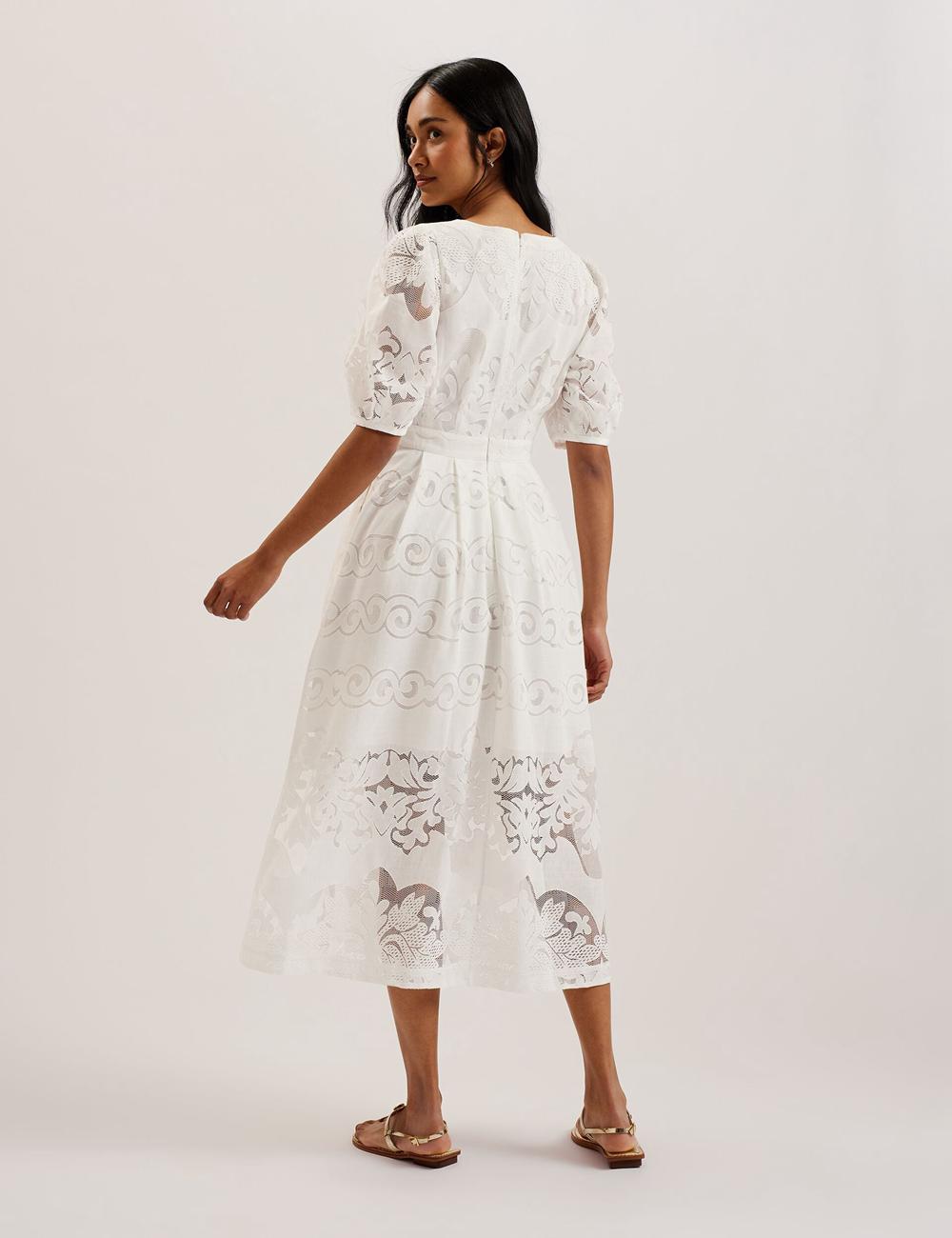 Ted Baker AGNEL - Lace Puff Sleeve Cotton Blend Midi-kleid Damen Weiß | WAIOQ-7235