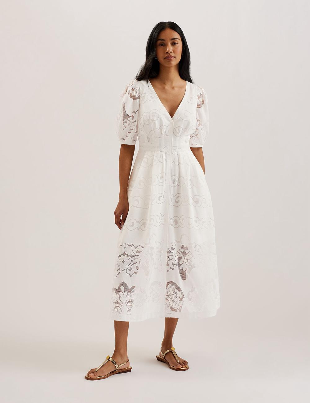 Ted Baker AGNEL - Lace Puff Sleeve Cotton Blend Midi-kleid Damen Weiß | WAIOQ-7235