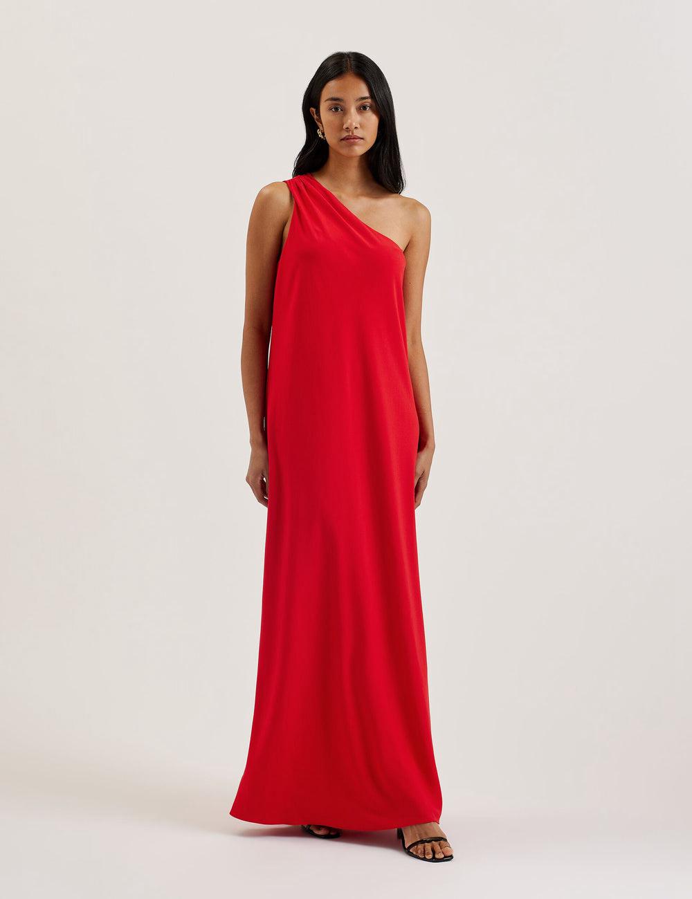 Ted Baker AISLI - One Shoulder Woven Maxikleid Damen Rot | GFSPW-0789