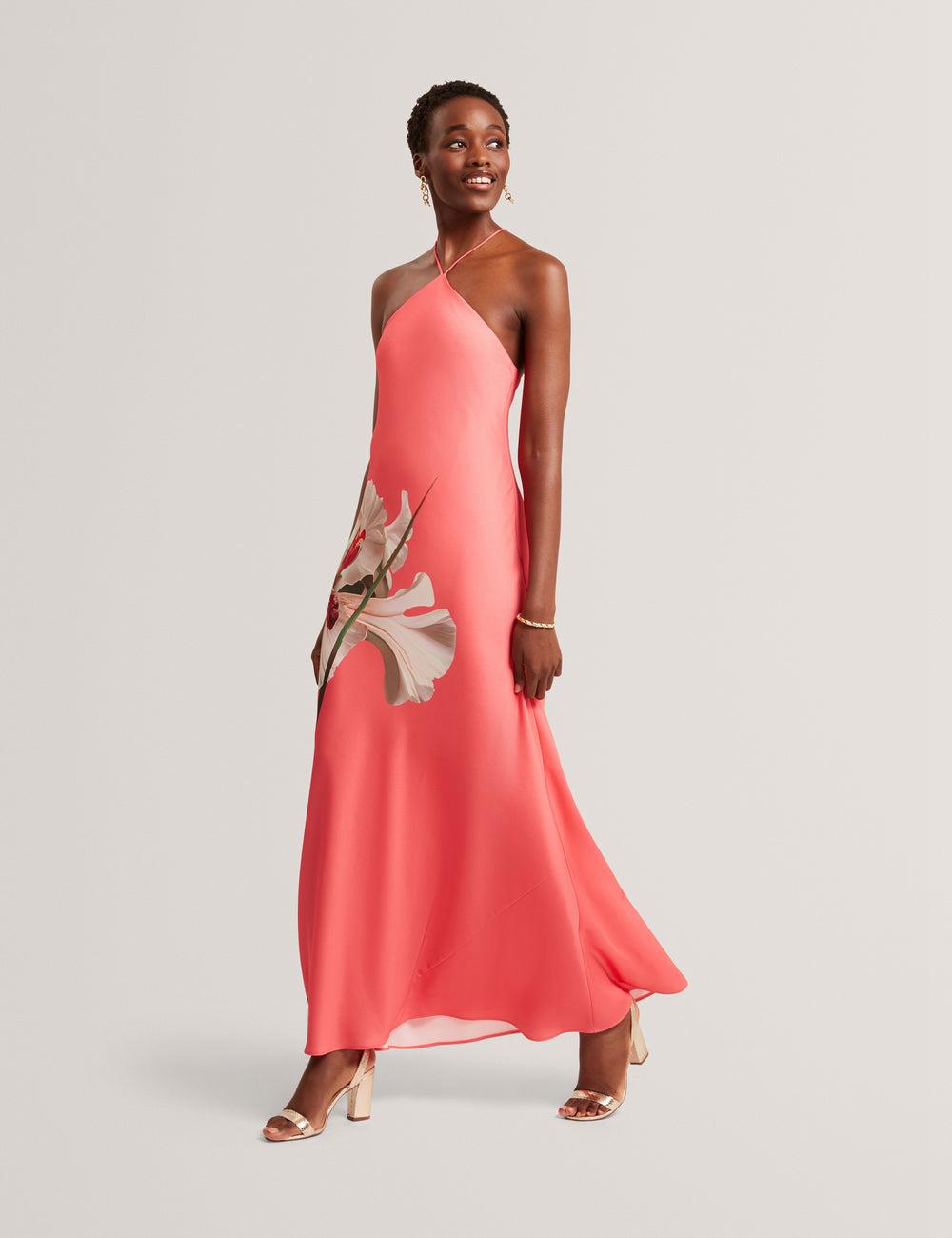 Ted Baker AJIMA - Floral Graphic Halter Neck Satin Maxikleid Damen Koralle | DOKVT-2640