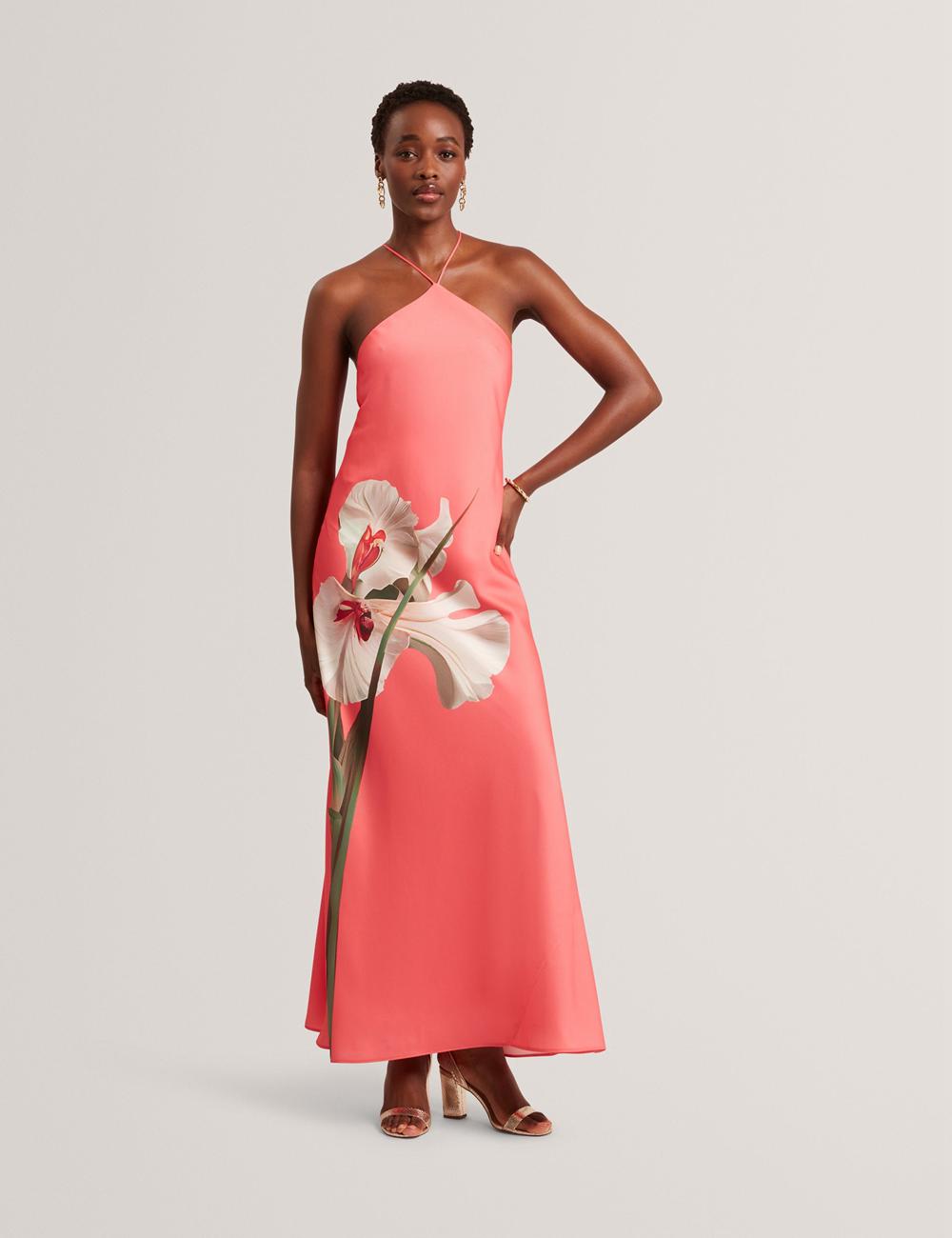 Ted Baker AJIMA - Floral Graphic Halter Neck Satin Maxikleid Damen Koralle | DOKVT-2640