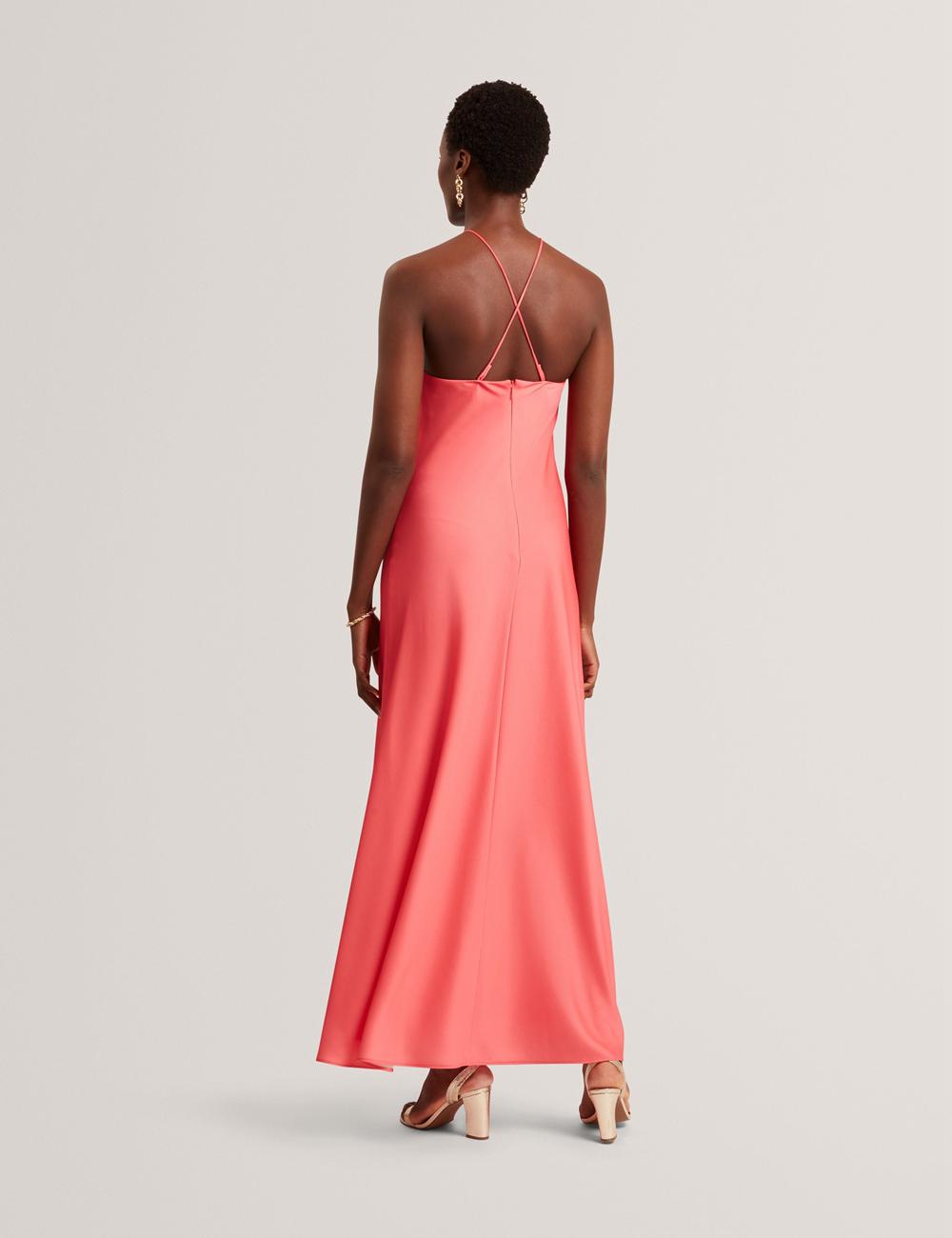 Ted Baker AJIMA - Floral Graphic Halter Neck Satin Maxikleid Damen Koralle | DOKVT-2640