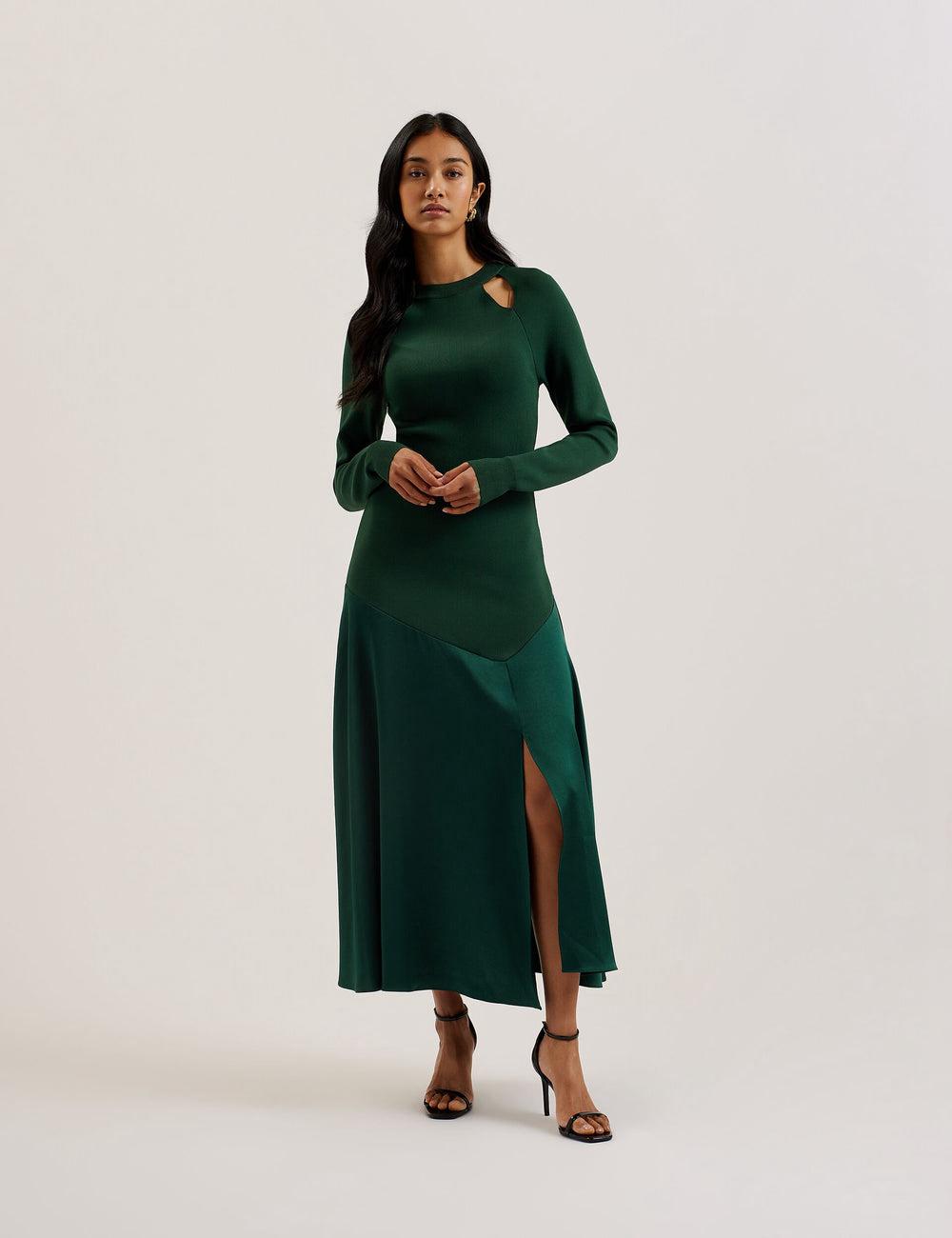 Ted Baker ALFEIOS - Long Sleeve Satin Skirt Midi-kleid Damen Grün | VNJHU-6587