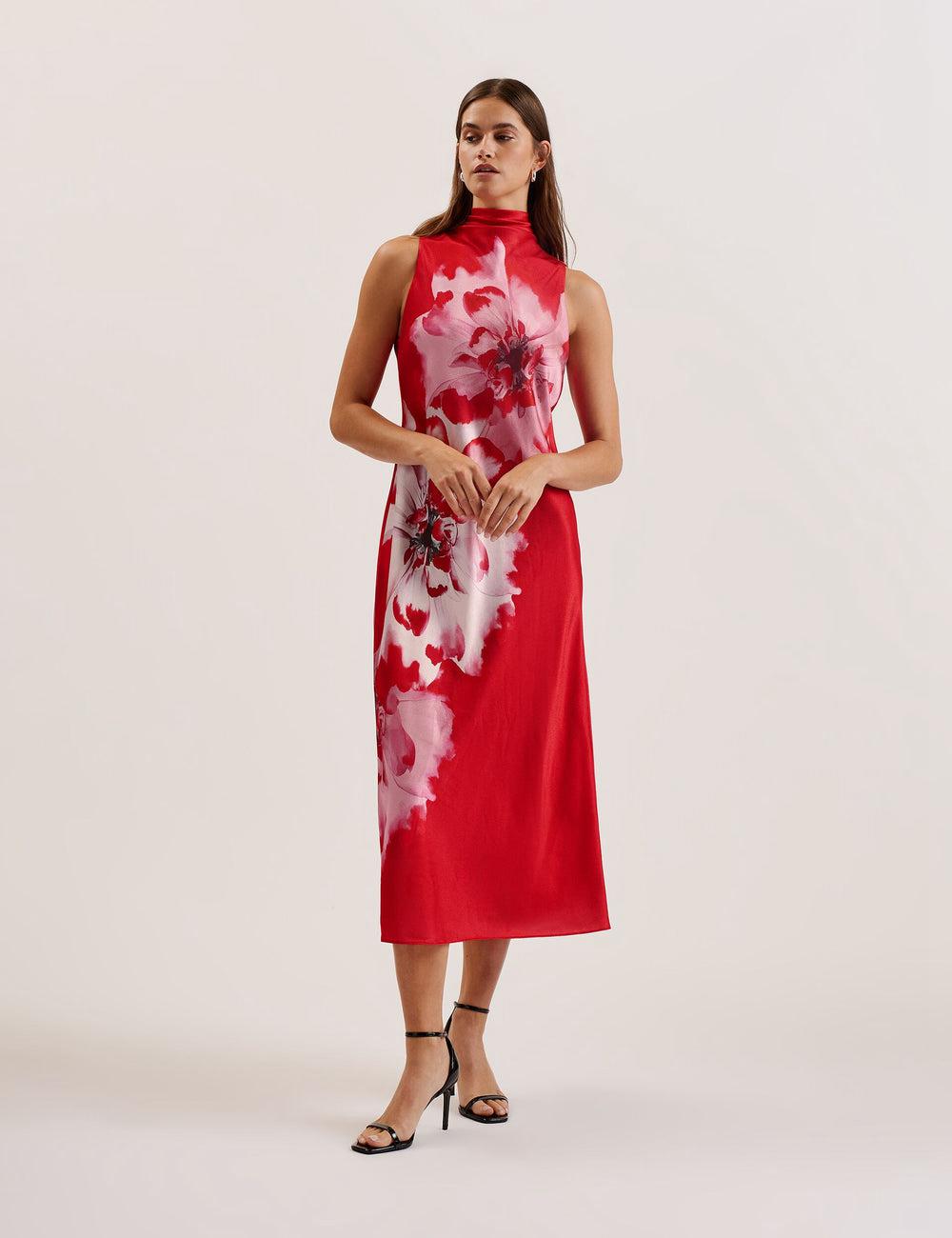 Ted Baker ALIARA - Floral Satin High Neck Sleeveless Midi-kleid Damen Rot | IORCB-5931