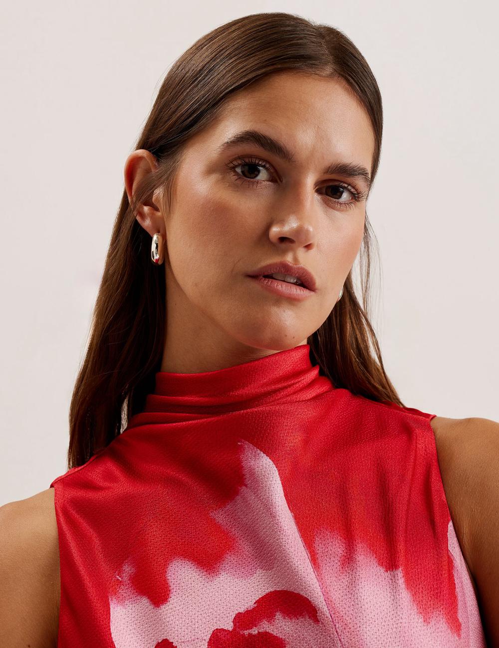 Ted Baker ALIARA - Floral Satin High Neck Sleeveless Midi-kleid Damen Rot | IORCB-5931