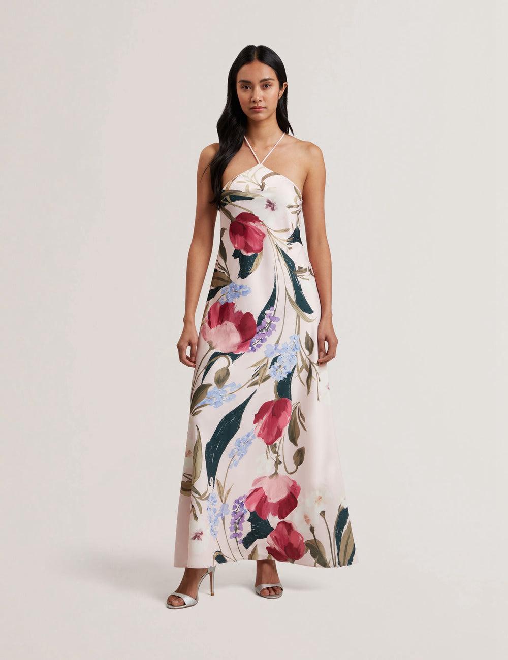 Ted Baker ALMARIA - Floral Halter Neck Woven Maxikleid Damen Rosa | XSNYD-2561