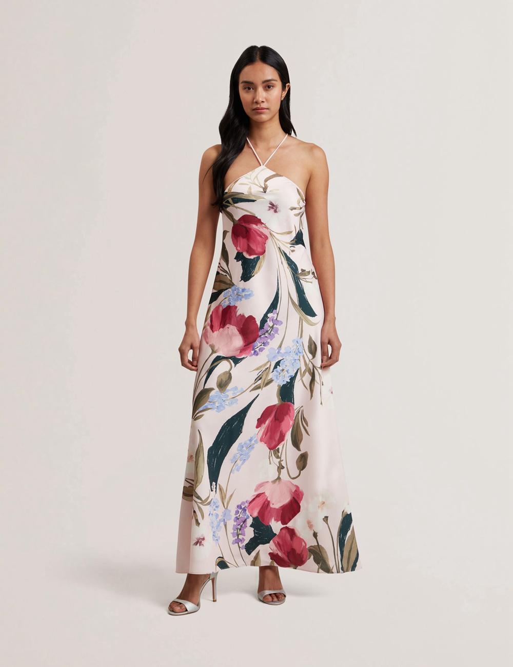 Ted Baker ALMARIA - Floral Halter Neck Woven Maxikleid Damen Rosa | XSNYD-2561