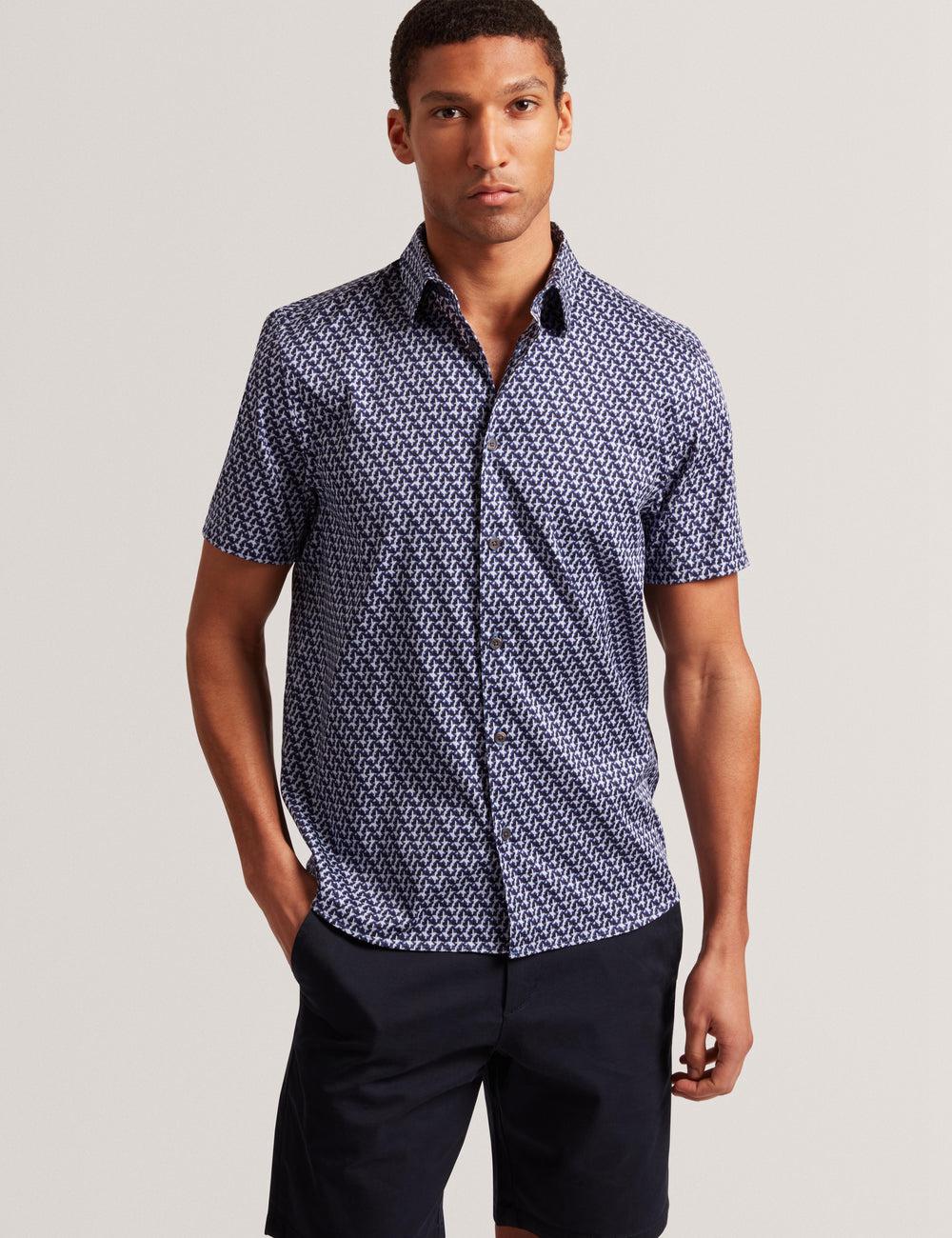 Ted Baker ALPHSO SS Regular Fit Geo Hemd Herren Navy | IQKDR-9653