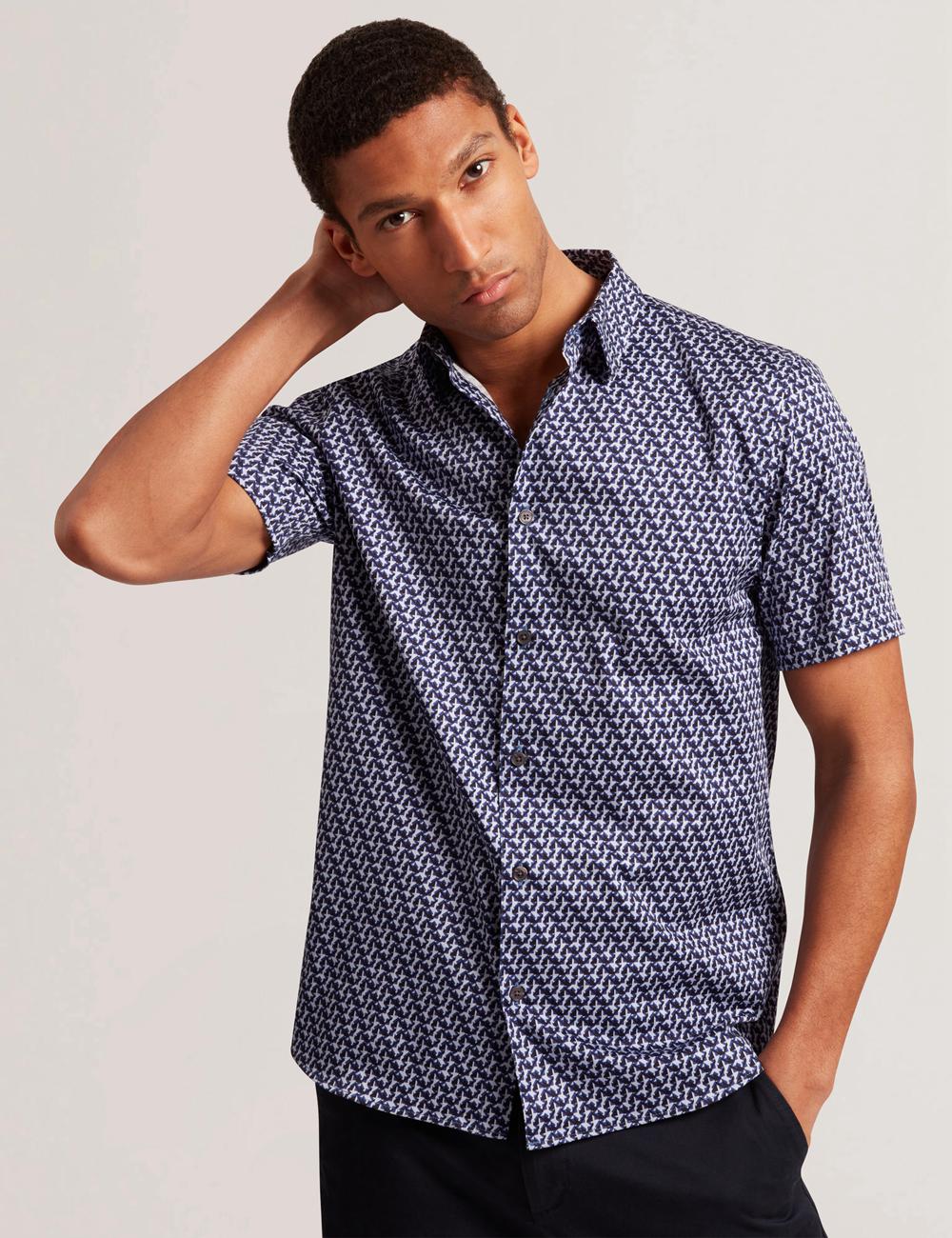 Ted Baker ALPHSO SS Regular Fit Geo Hemd Herren Navy | IQKDR-9653