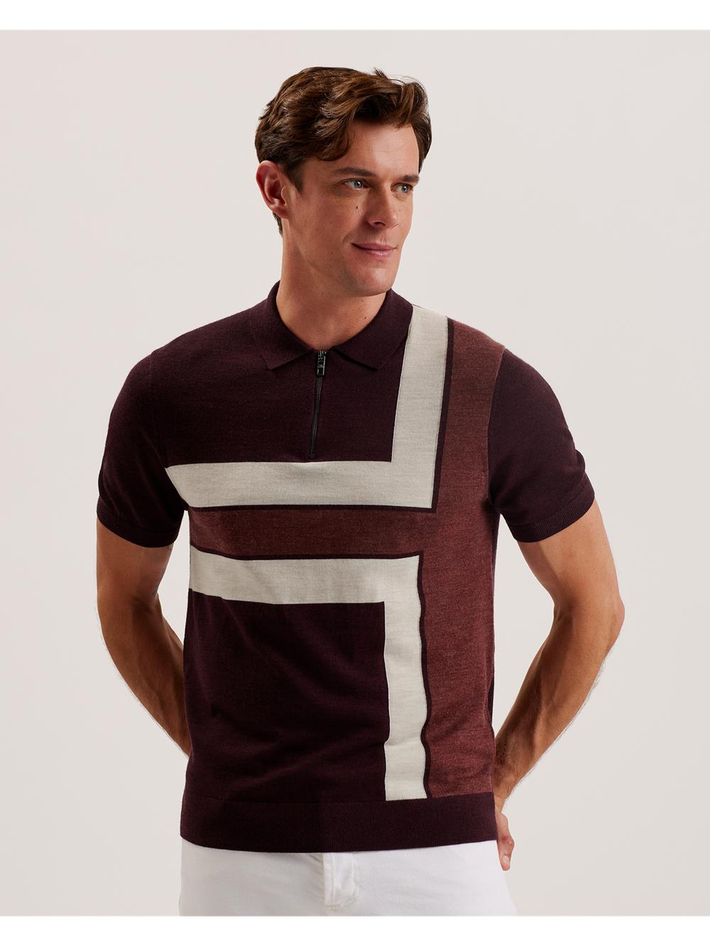Ted Baker AMBLER - Colour Block Zip Neck Wool Polo Shirts Herren Bordeaux | TCKUW-0547