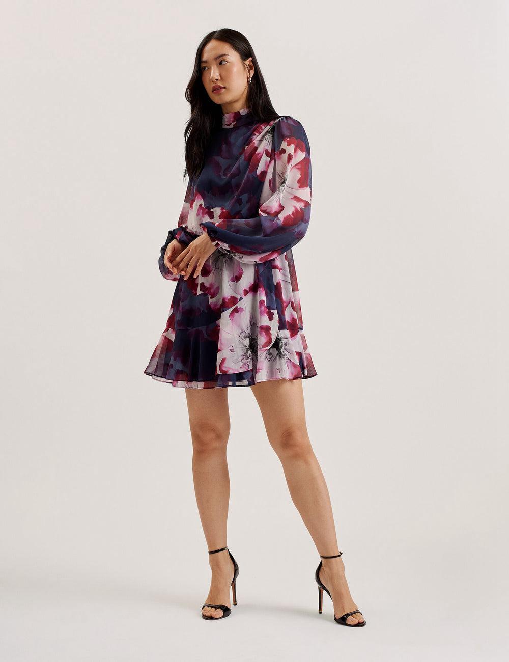 Ted Baker ARACELY - Floral High Neck Long Sleeve Minikleid Damen Navy | QSWPT-4739
