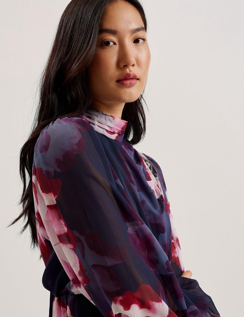 Ted Baker ARACELY - Floral High Neck Long Sleeve Minikleid Damen Navy | QSWPT-4739