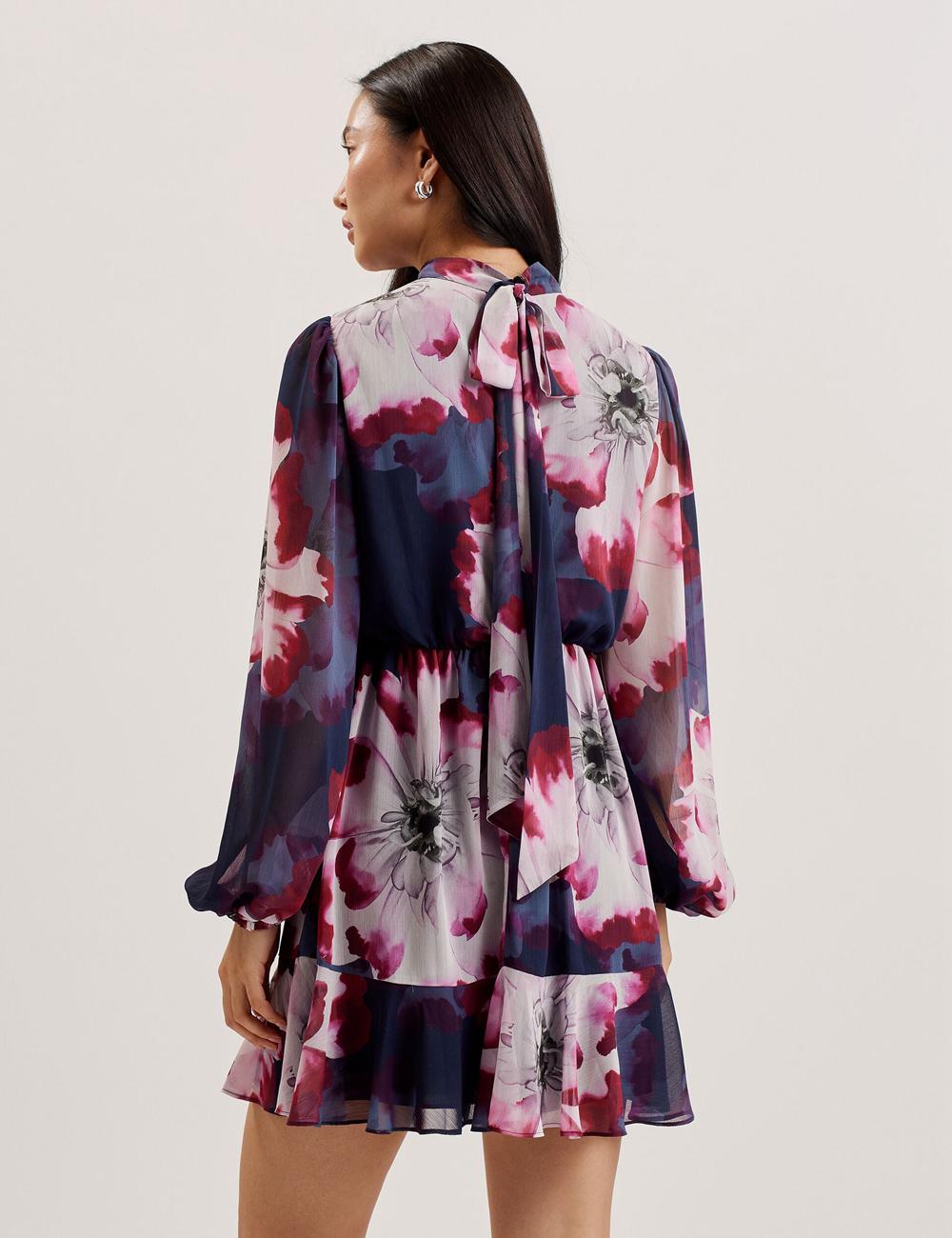 Ted Baker ARACELY - Floral High Neck Long Sleeve Minikleid Damen Navy | QSWPT-4739