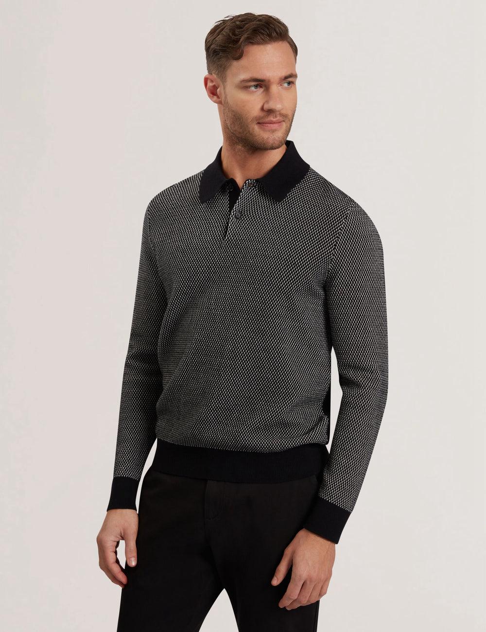 Ted Baker ARDO - Textured Knit Long Sleeve Polo Shirts Herren Schwarz | OZXYQ-9685