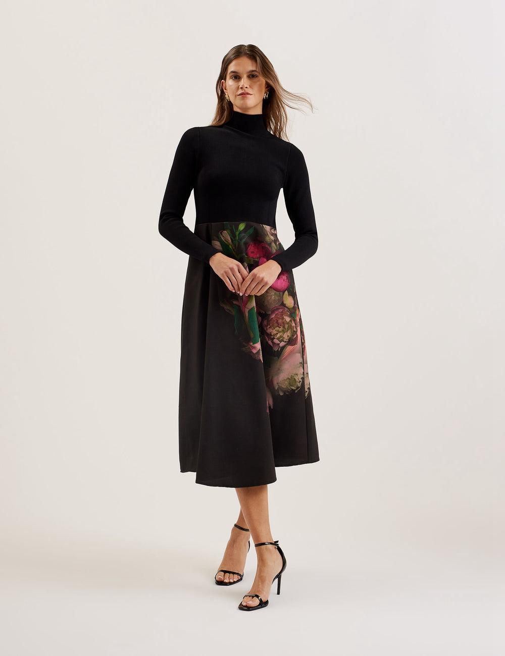 Ted Baker ASNES - Knit Bodice With Printed Skirt Midi-kleid Damen Schwarz | CIVQW-7852