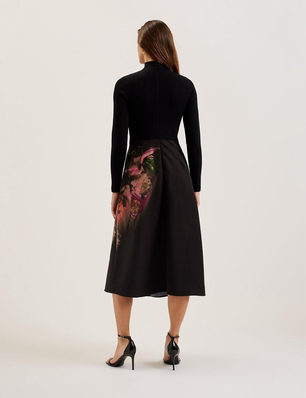 Ted Baker ASNES - Knit Bodice With Printed Skirt Midi-kleid Damen Schwarz | CIVQW-7852