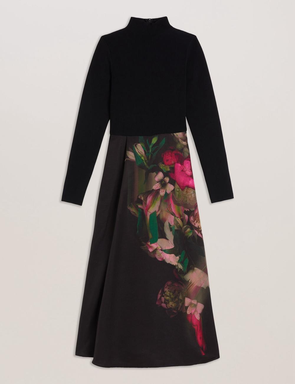 Ted Baker ASNES - Knit Bodice With Printed Skirt Midi-kleid Damen Schwarz | CIVQW-7852