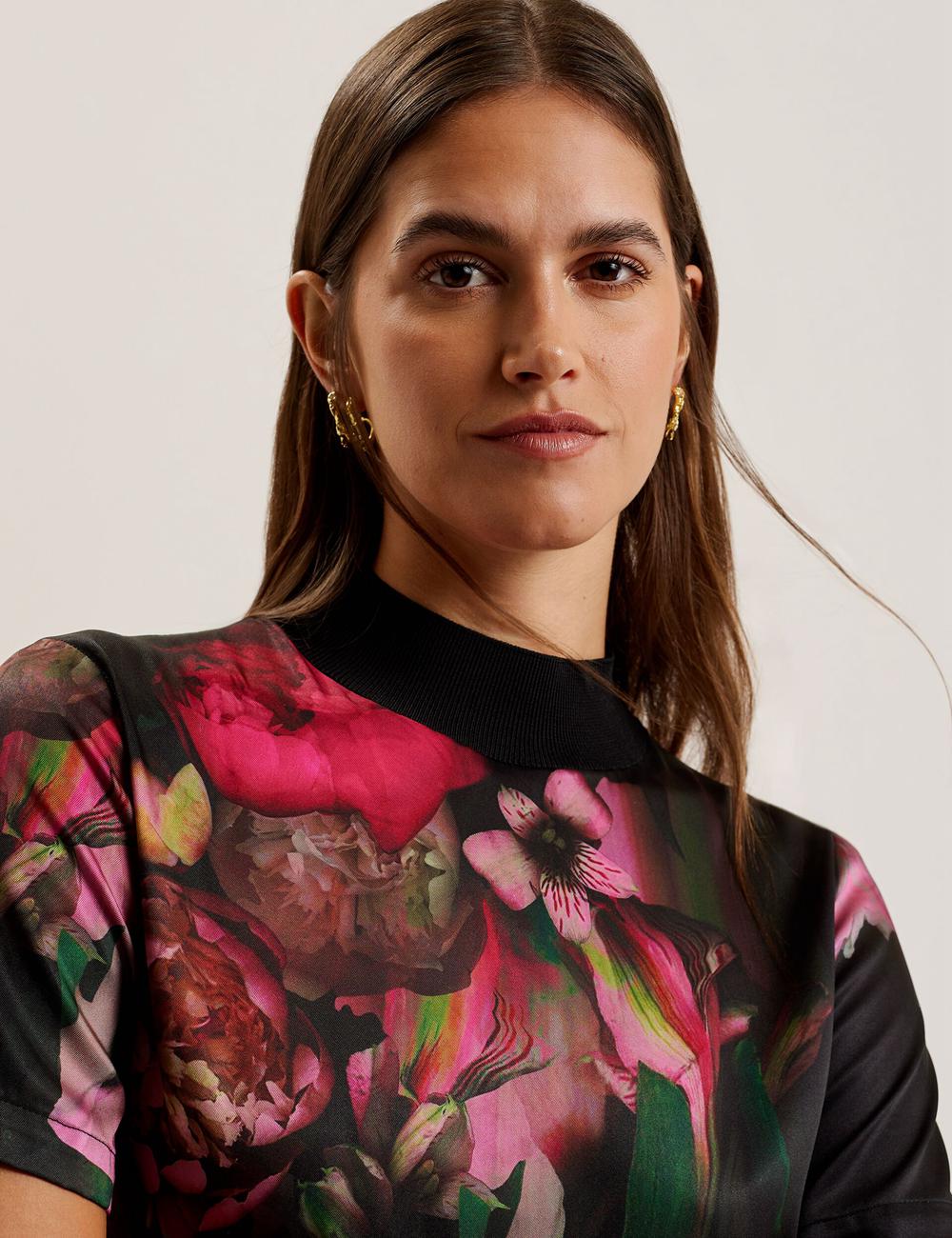 Ted Baker ASTHAA - Floral Woven Front Short Sleeve Top Bluse Damen Schwarz | AKMOW-5679