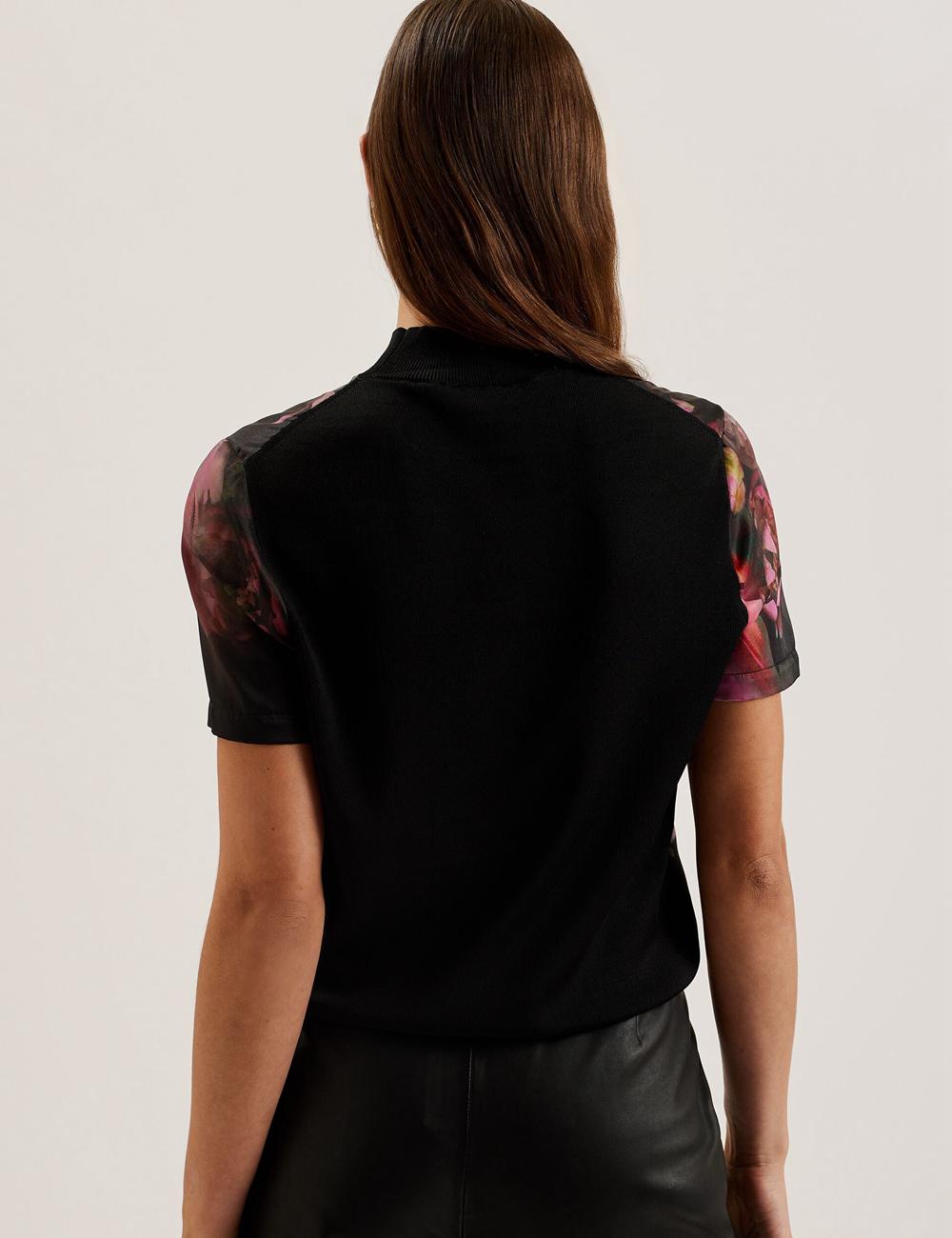 Ted Baker ASTHAA - Floral Woven Front Short Sleeve Top Bluse Damen Schwarz | AKMOW-5679