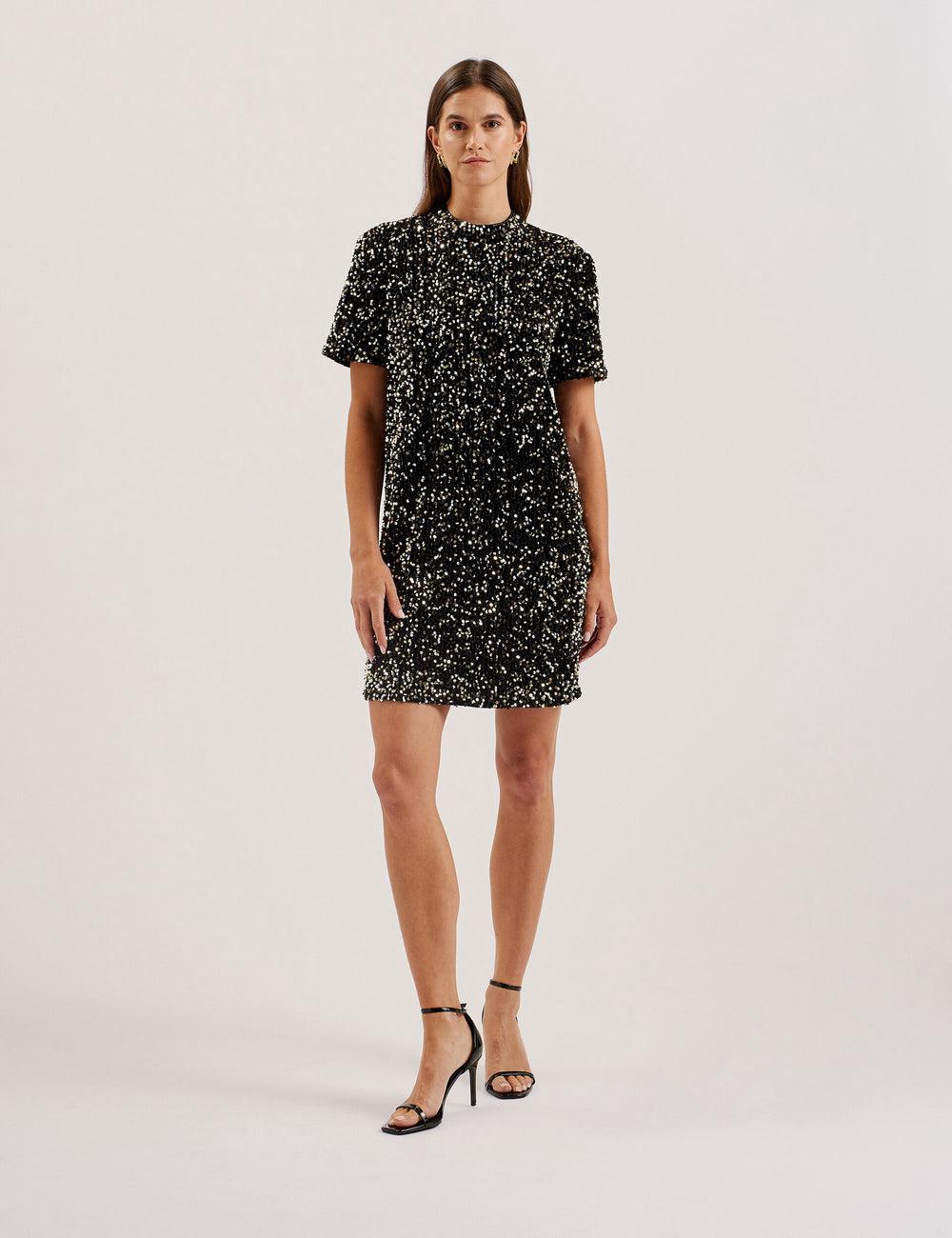 Ted Baker AUDRIYY - Sequin Embellished Velvet Shift Minikleid Damen Schwarz | DRBQM-8579