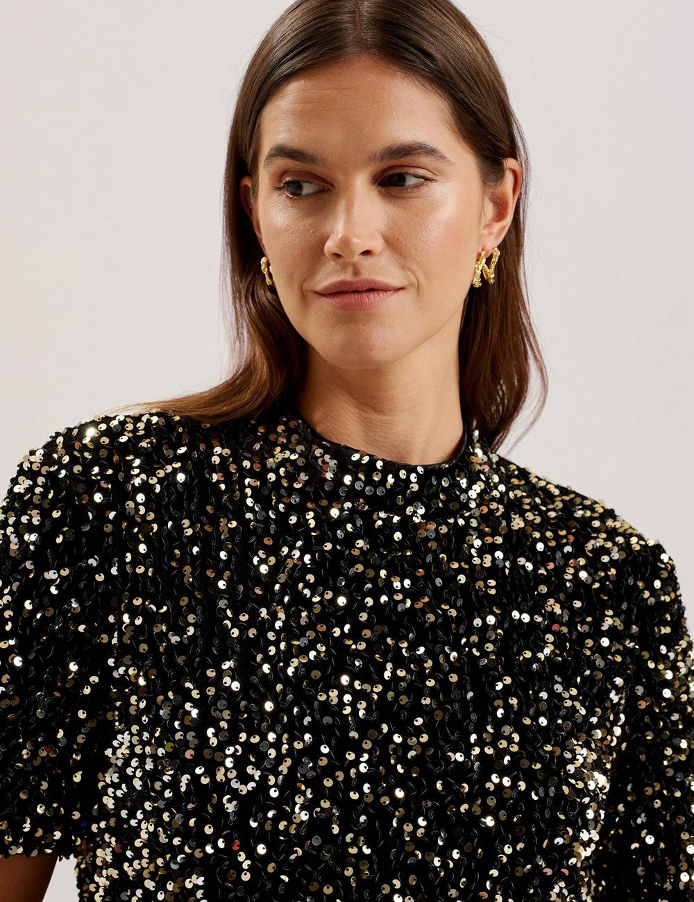 Ted Baker AUDRIYY - Sequin Embellished Velvet Shift Minikleid Damen Schwarz | DRBQM-8579