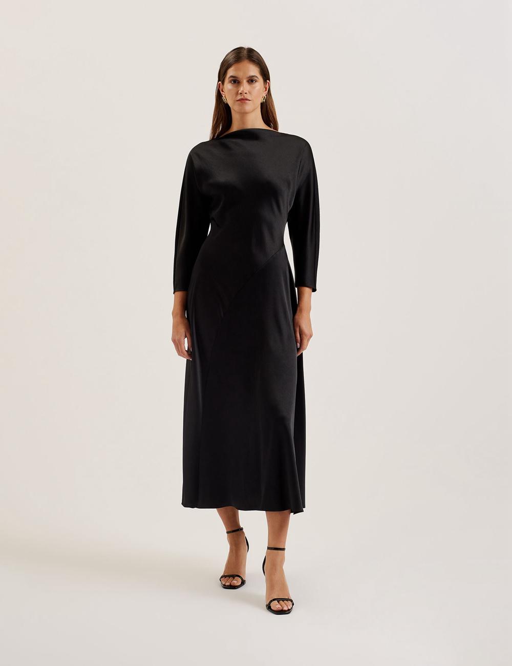 Ted Baker AVELLI - Satin Boat Neck A-Line Midi-kleid Damen Schwarz | QKEFW-5492