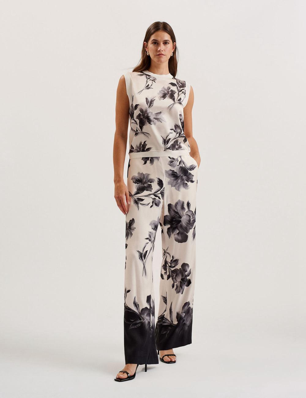 Ted Baker AWYNA - Floral Print Pull-On Wide Leg Hosen Damen Schwarz | FBDCY-5408