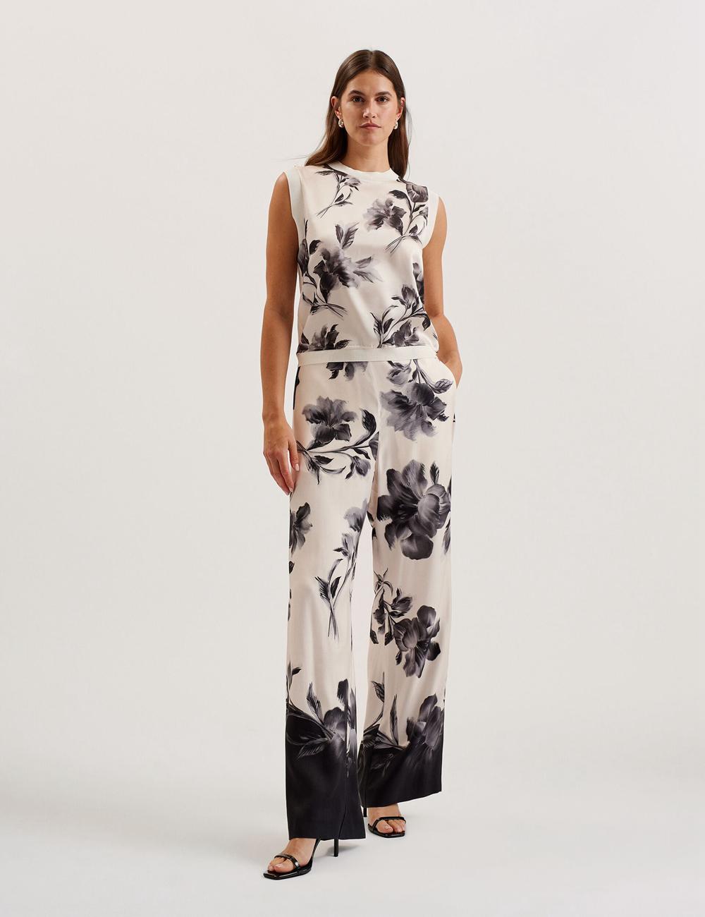 Ted Baker AWYNA - Floral Print Pull-On Wide Leg Hosen Damen Schwarz | FBDCY-5408