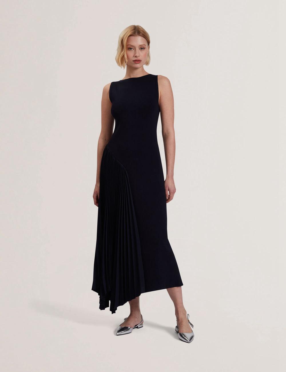 Ted Baker AZZINA - Pleated Panel Sleeveless Knitted Midi-kleid Damen Navy | LAWHZ-1635