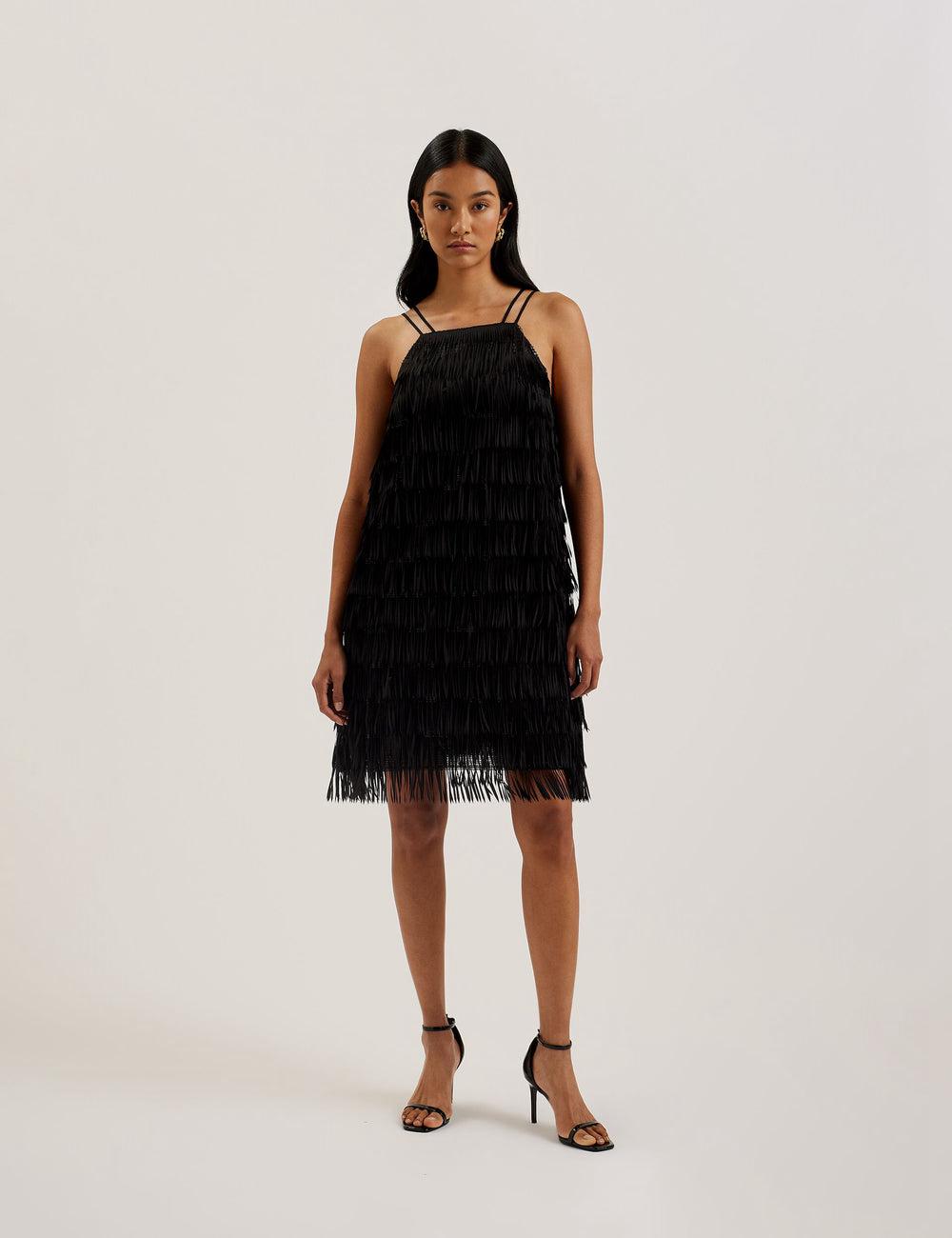 Ted Baker BARTIN - Fringed Sequin Halter Strap Minikleid Damen Schwarz | RIYLE-0236