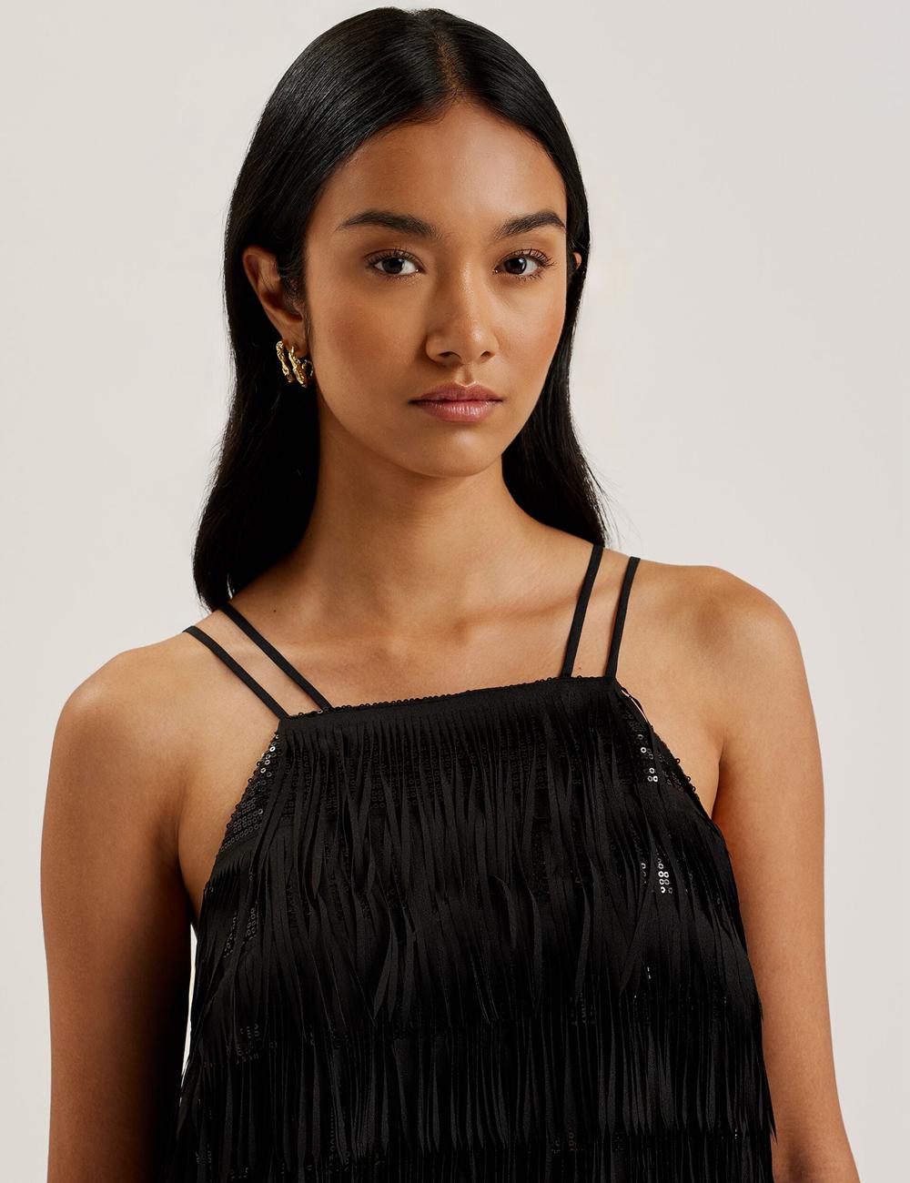 Ted Baker BARTIN - Fringed Sequin Halter Strap Minikleid Damen Schwarz | RIYLE-0236
