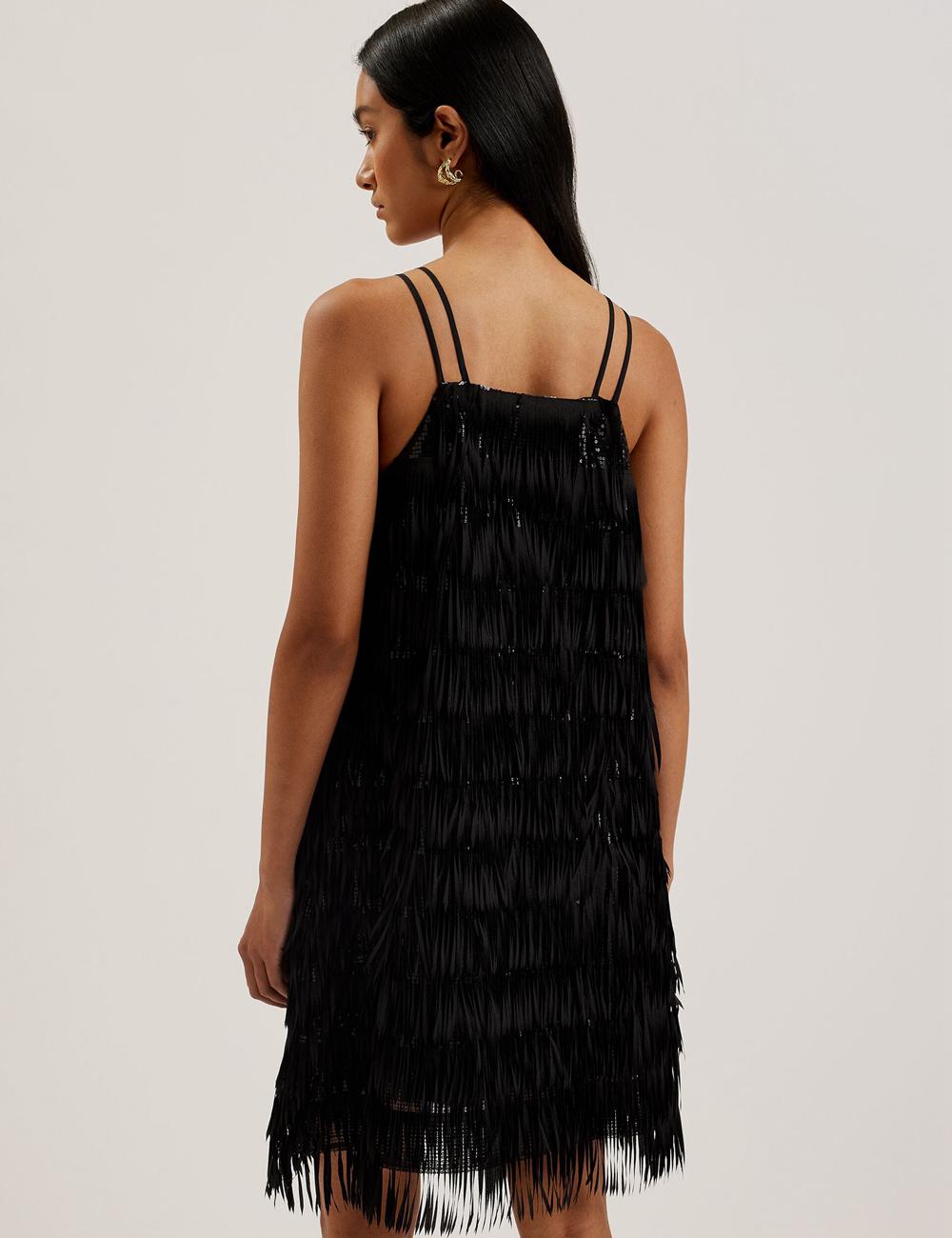 Ted Baker BARTIN - Fringed Sequin Halter Strap Minikleid Damen Schwarz | RIYLE-0236