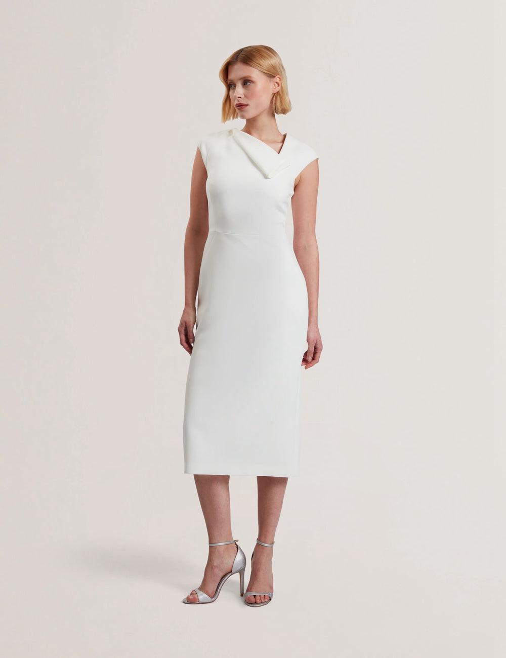 Ted Baker BAYREE - Folded Neckline Pencil Midi-kleid Damen Weiß | WURHF-0859