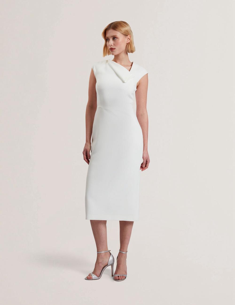 Ted Baker BAYREE - Folded Neckline Pencil Midi-kleid Damen Weiß | WURHF-0859