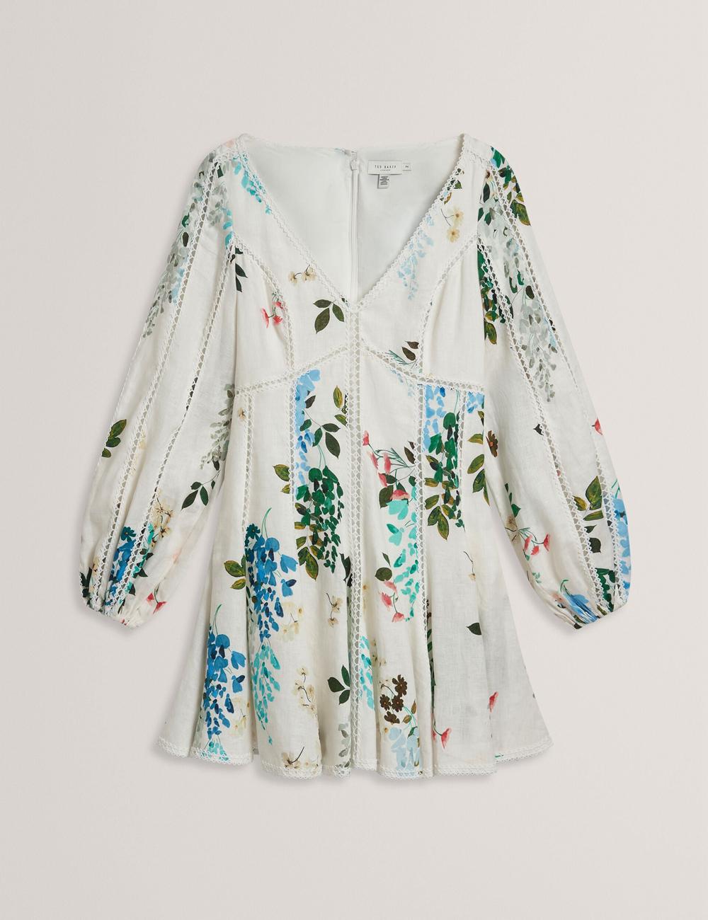 Ted Baker BELVIDA - Floral Crochet Trim Linen Minikleid Damen Weiß | FWHTZ-6279