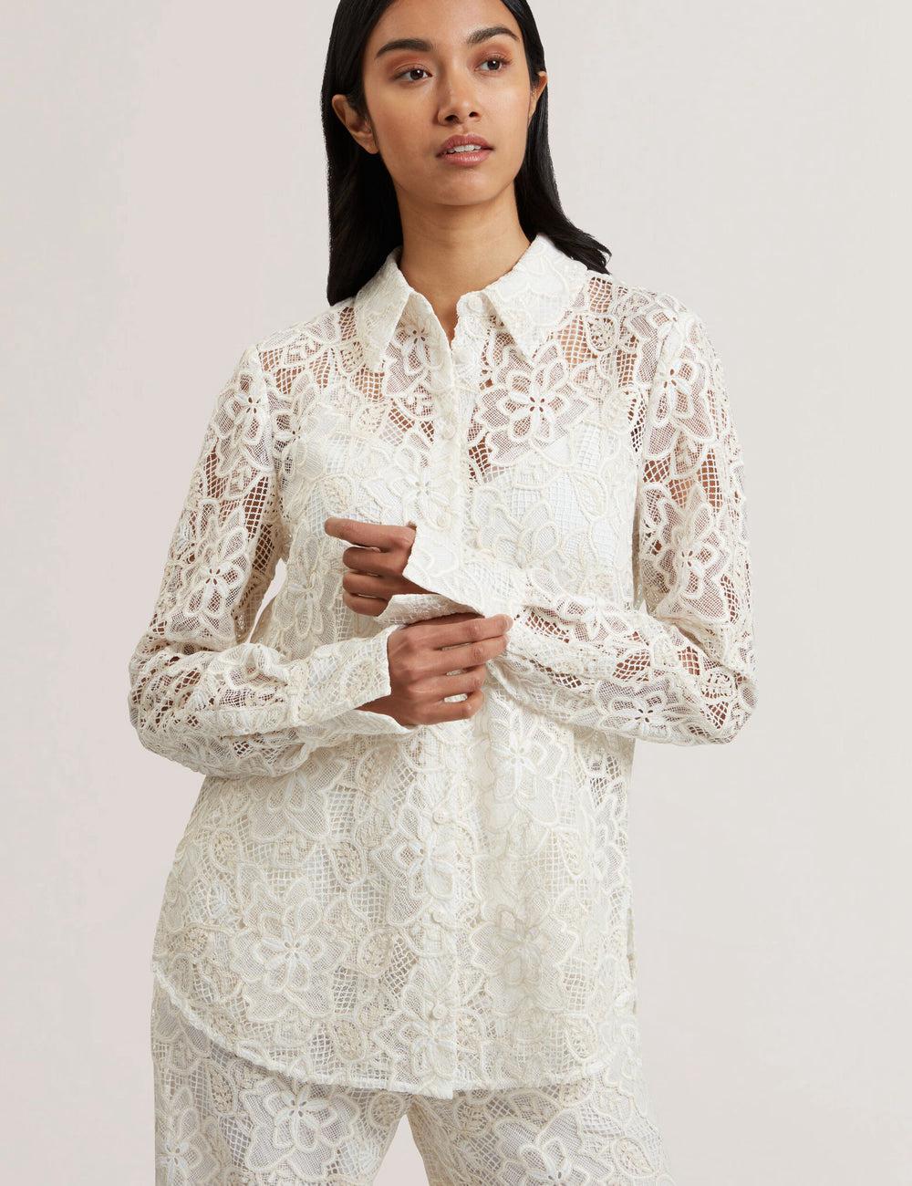 Ted Baker BLOND - Floral Lace Longline Cotton Shirt Oberteile Damen Ivory | IQYXJ-6027