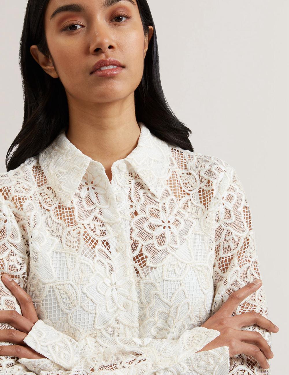 Ted Baker BLOND - Floral Lace Longline Cotton Shirt Oberteile Damen Ivory | IQYXJ-6027