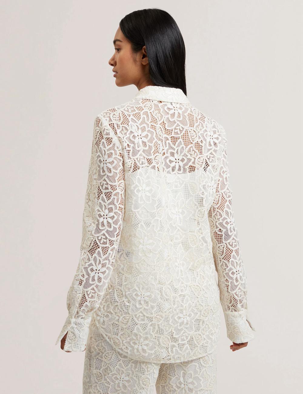 Ted Baker BLOND - Floral Lace Longline Cotton Shirt Oberteile Damen Ivory | IQYXJ-6027