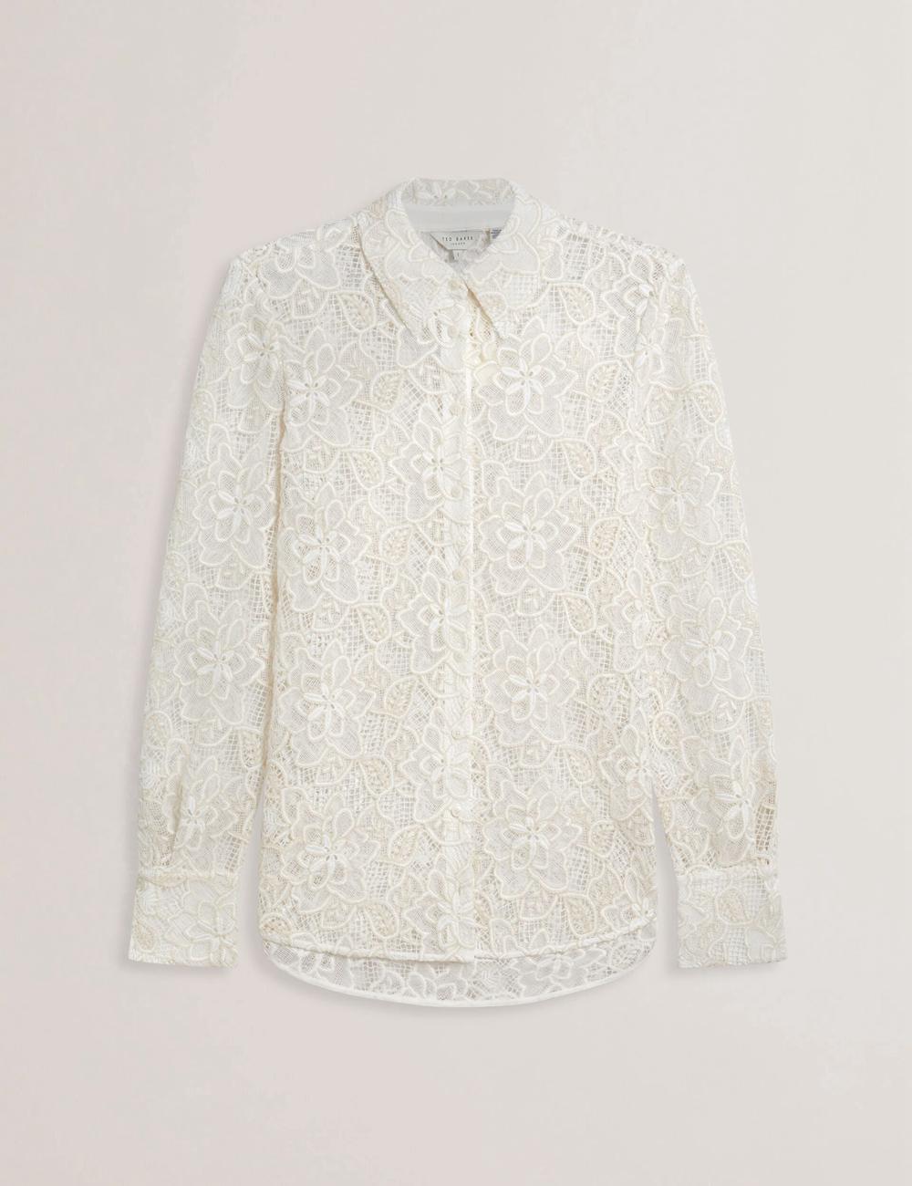 Ted Baker BLOND - Floral Lace Longline Cotton Shirt Oberteile Damen Ivory | IQYXJ-6027