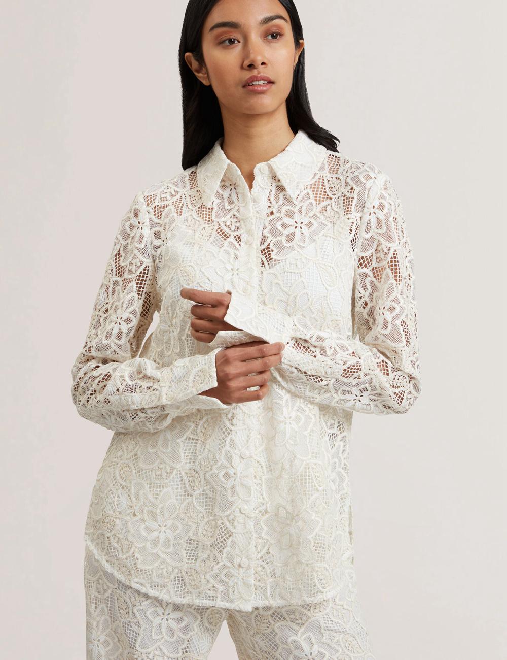 Ted Baker BLOND - Floral Lace Longline Cotton Shirt Oberteile Damen Ivory | IQYXJ-6027