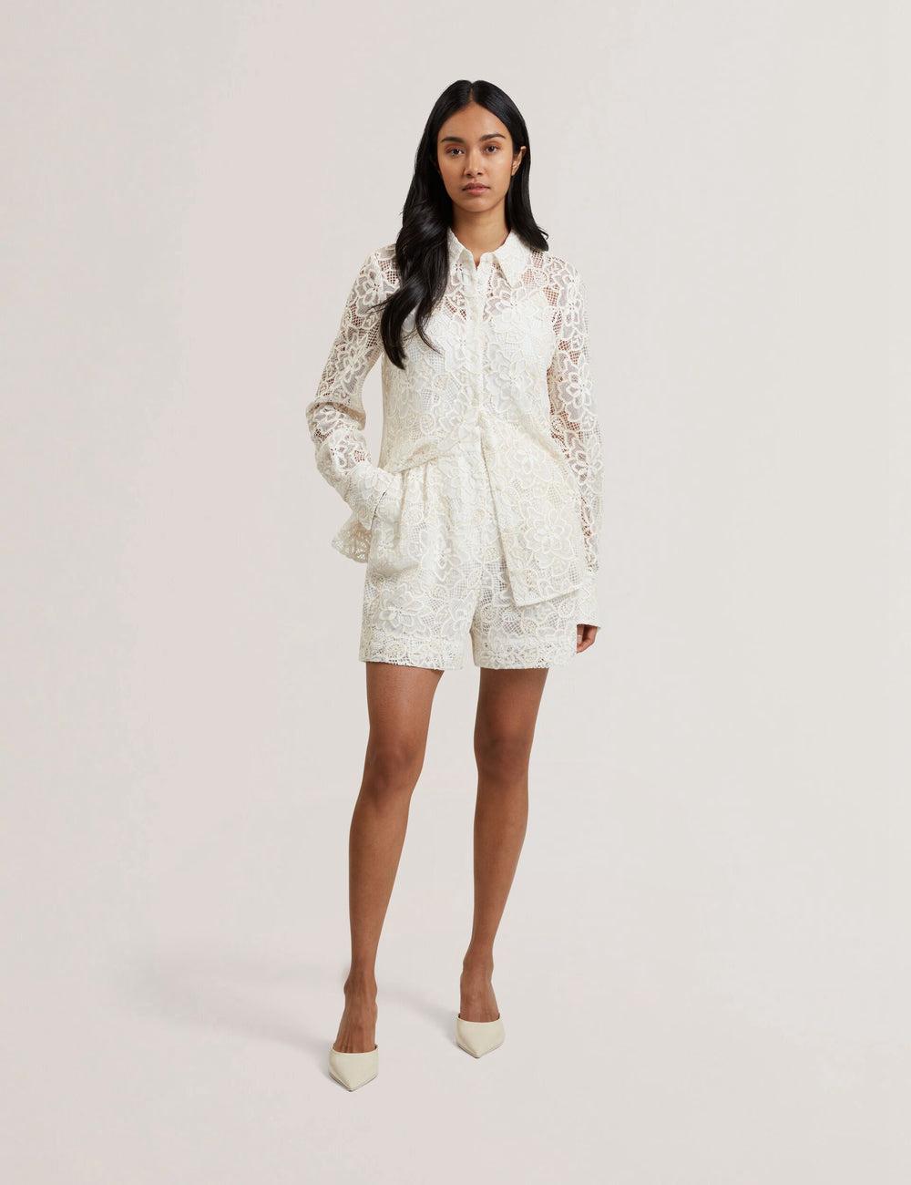 Ted Baker BOWIA - Lace High Waisted Tailored Kurze Hose Damen Ivory | KLPWE-8691