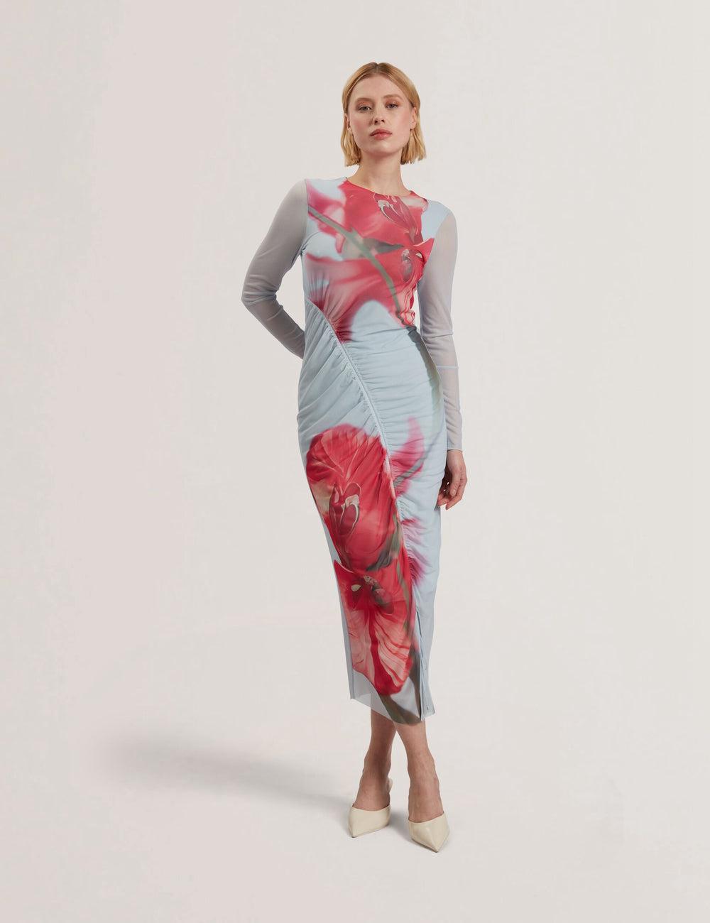 Ted Baker BOXNINE - Printed Mesh Gathering Bodycon Midi-kleid Damen Blau | KYEJA-5794