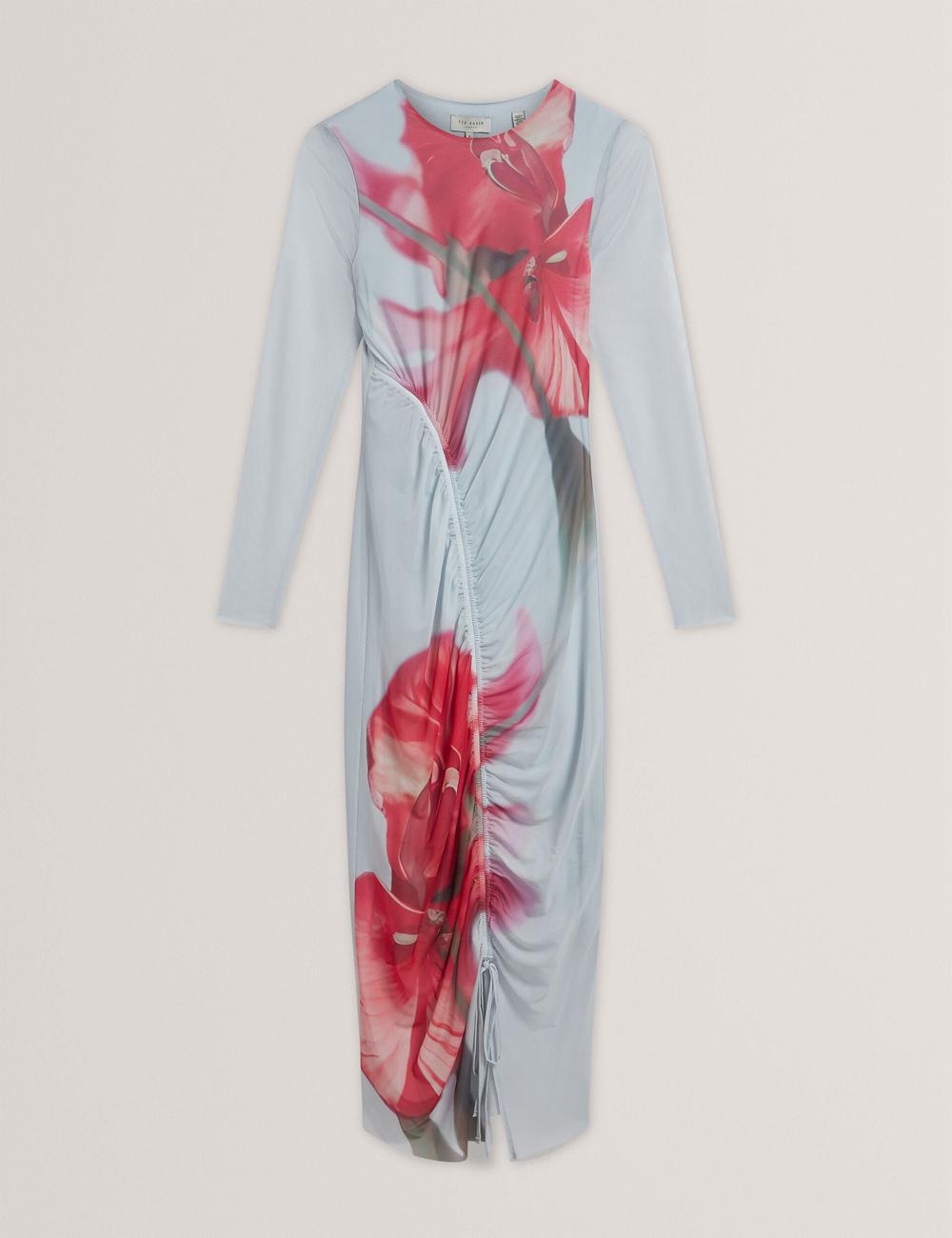 Ted Baker BOXNINE - Printed Mesh Gathering Bodycon Midi-kleid Damen Blau | KYEJA-5794