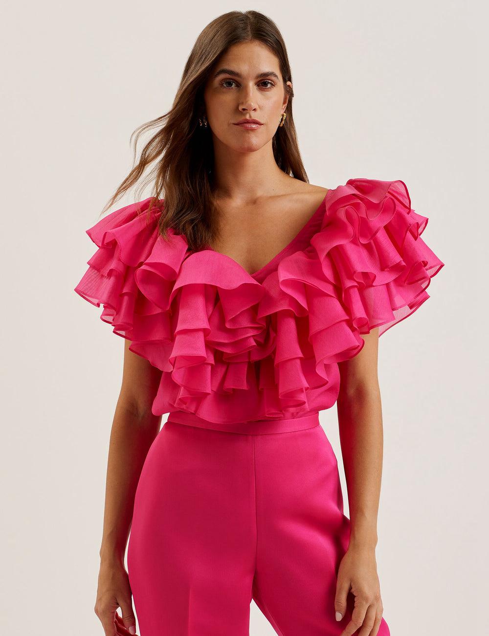 Ted Baker CALONDA - Oversized Frill Trim V-Neck Top Bluse Damen Fuchsie | AKRQL-4813