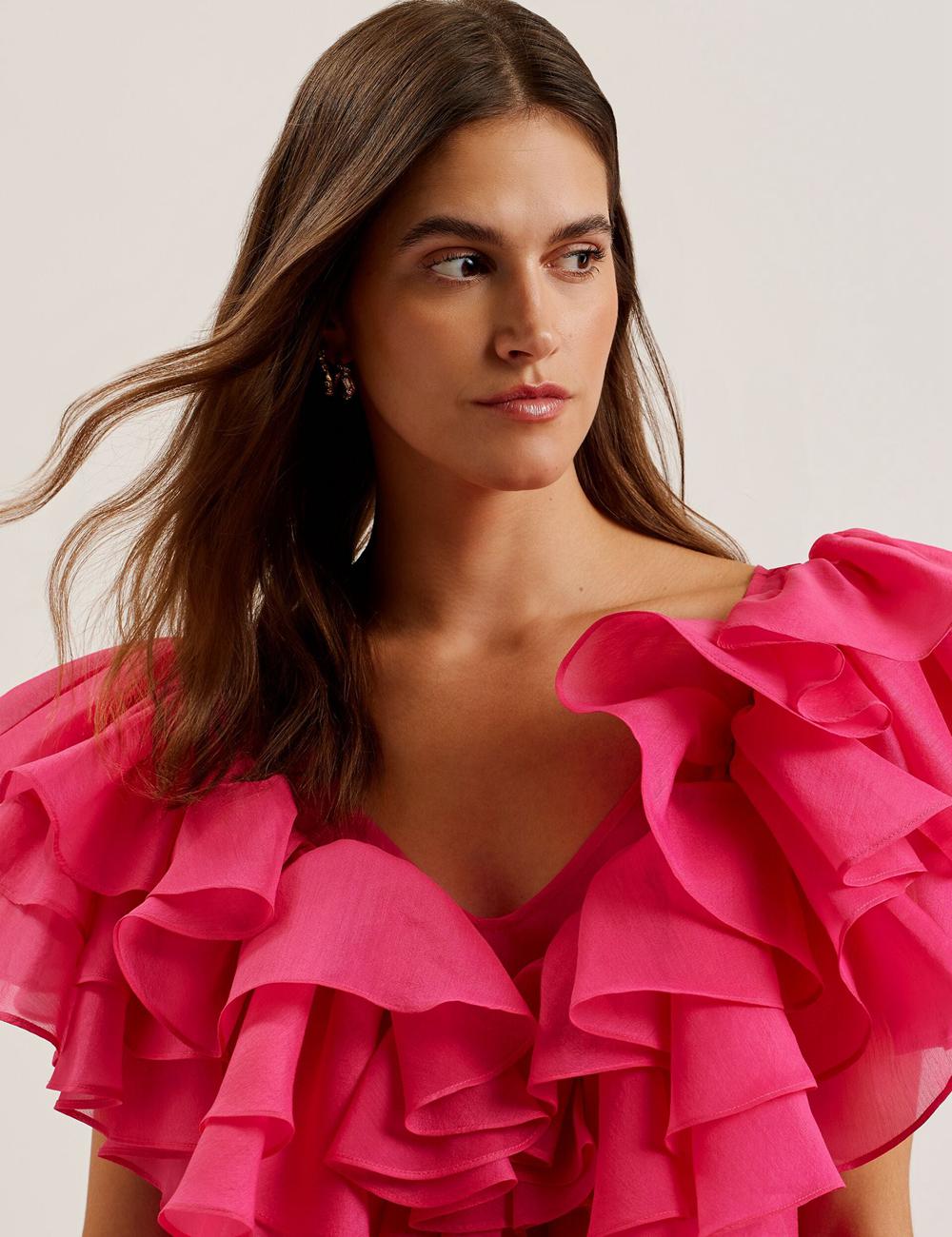 Ted Baker CALONDA - Oversized Frill Trim V-Neck Top Bluse Damen Fuchsie | AKRQL-4813
