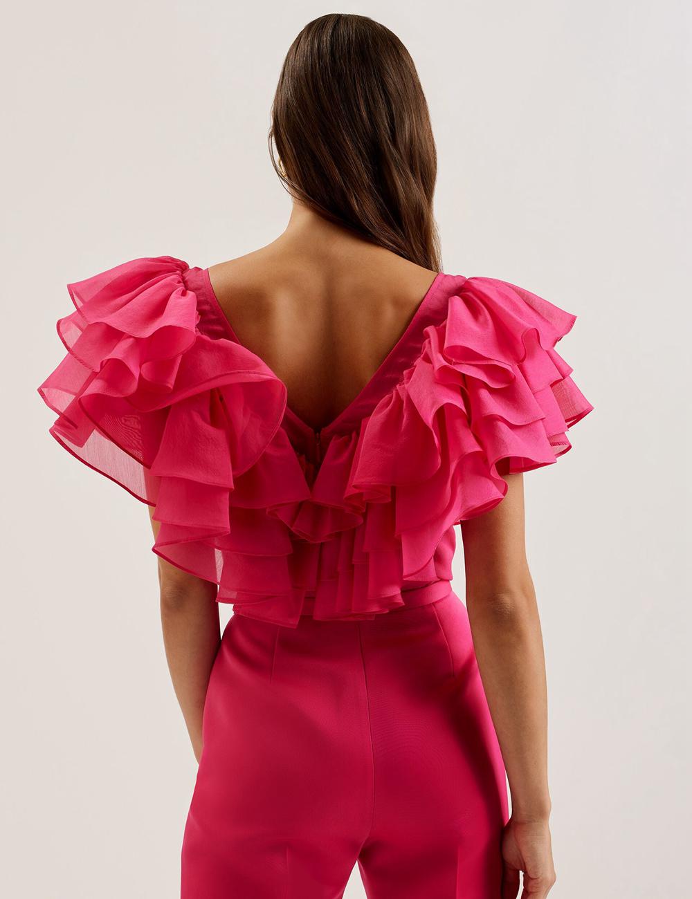 Ted Baker CALONDA - Oversized Frill Trim V-Neck Top Bluse Damen Fuchsie | AKRQL-4813