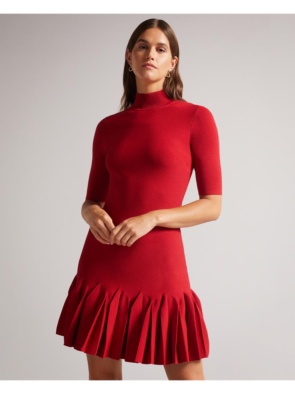 Ted Baker CANDDY - Pleated Hem Bodycon Knit Minikleid Damen Rot | KFZXU-2758